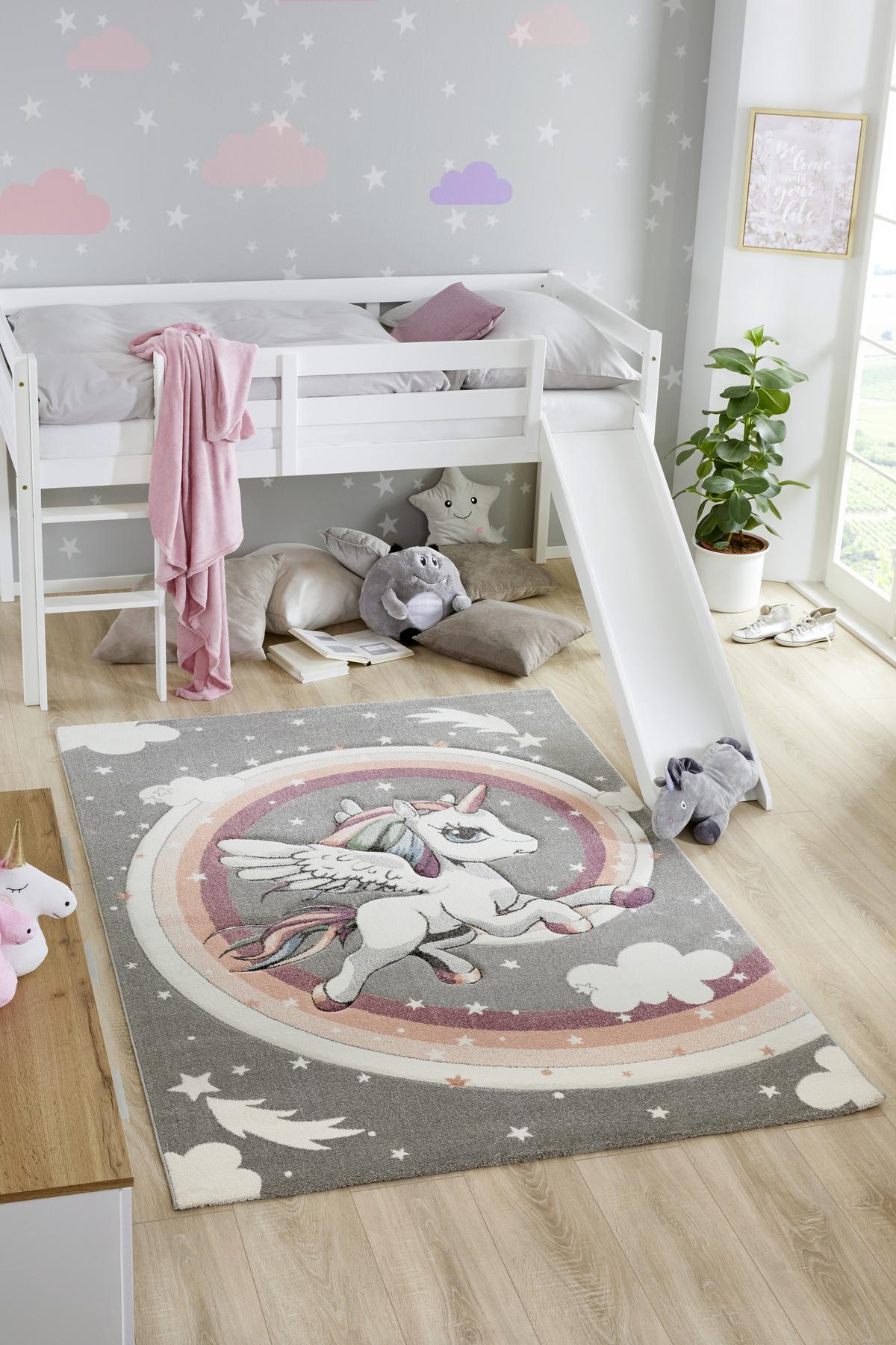 Kinderteppich Einhorn Fluffy 120x170 cm - Weiß/Grau, Basics, Textil (120/170cm) - BUNINO
