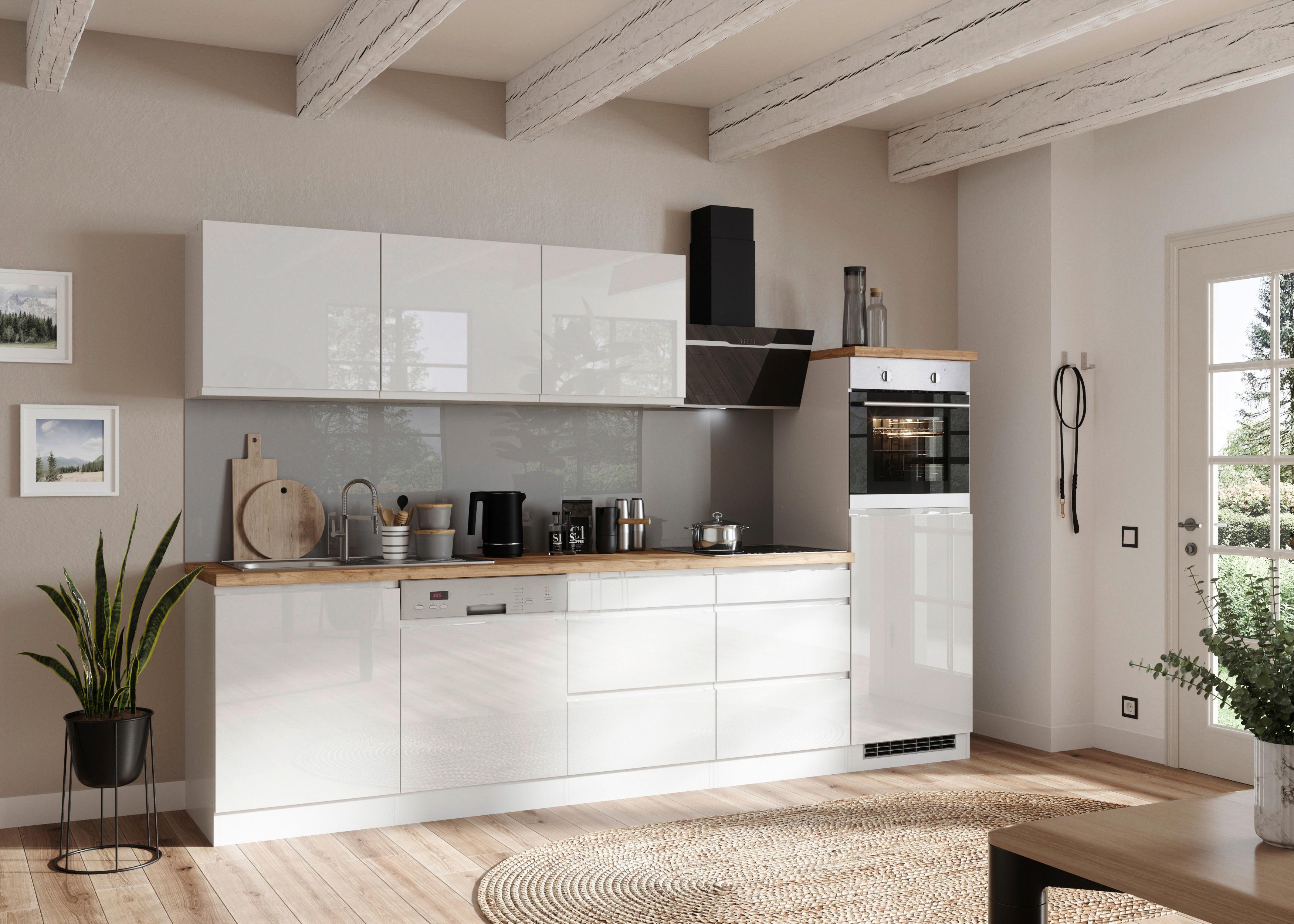 Küchenzeile Monza mit Geräten B: 300 cm Weiß/Eiche Dekor - Weiß Hochglanz/Eiche Wotan, LIFESTYLE, Holzwerkstoff (300cm) - Held
