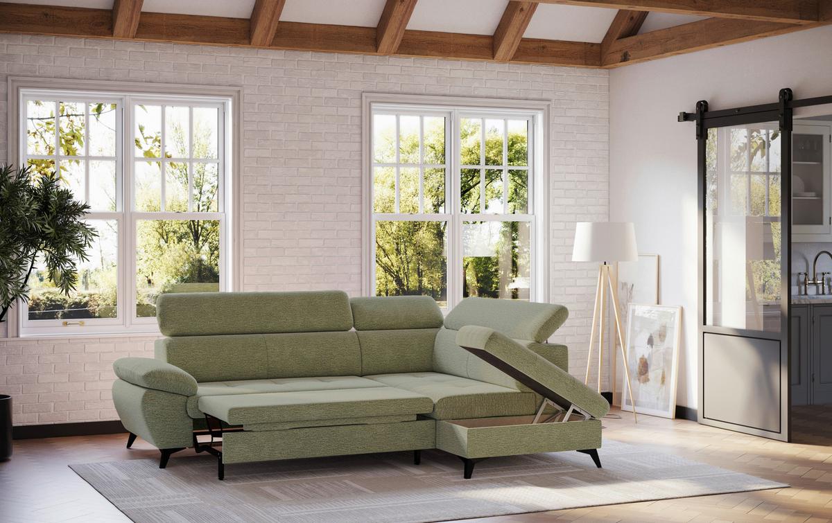 Ecksofa mit Bettfunktion Hudson, Chenille Olivgrün - Schwarz/Olivgrün, KONVENTIONELL, Textil (256/207cm) - Sembella