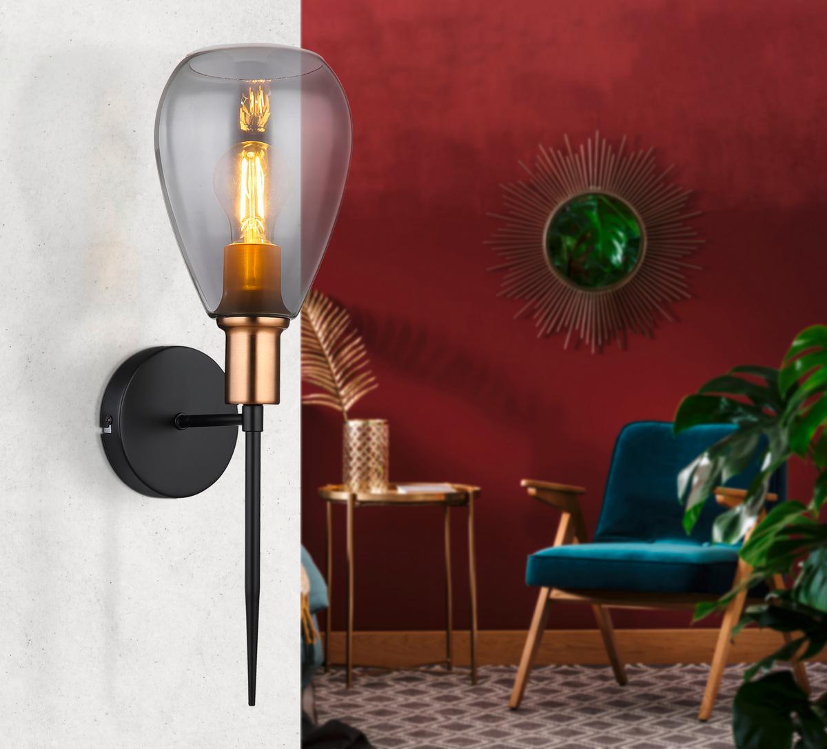 Wandleuchte 15563w 1-Flammig - Messingfarben/Schwarz, Design, Glas/Metall (15/19/48cm) - Globo