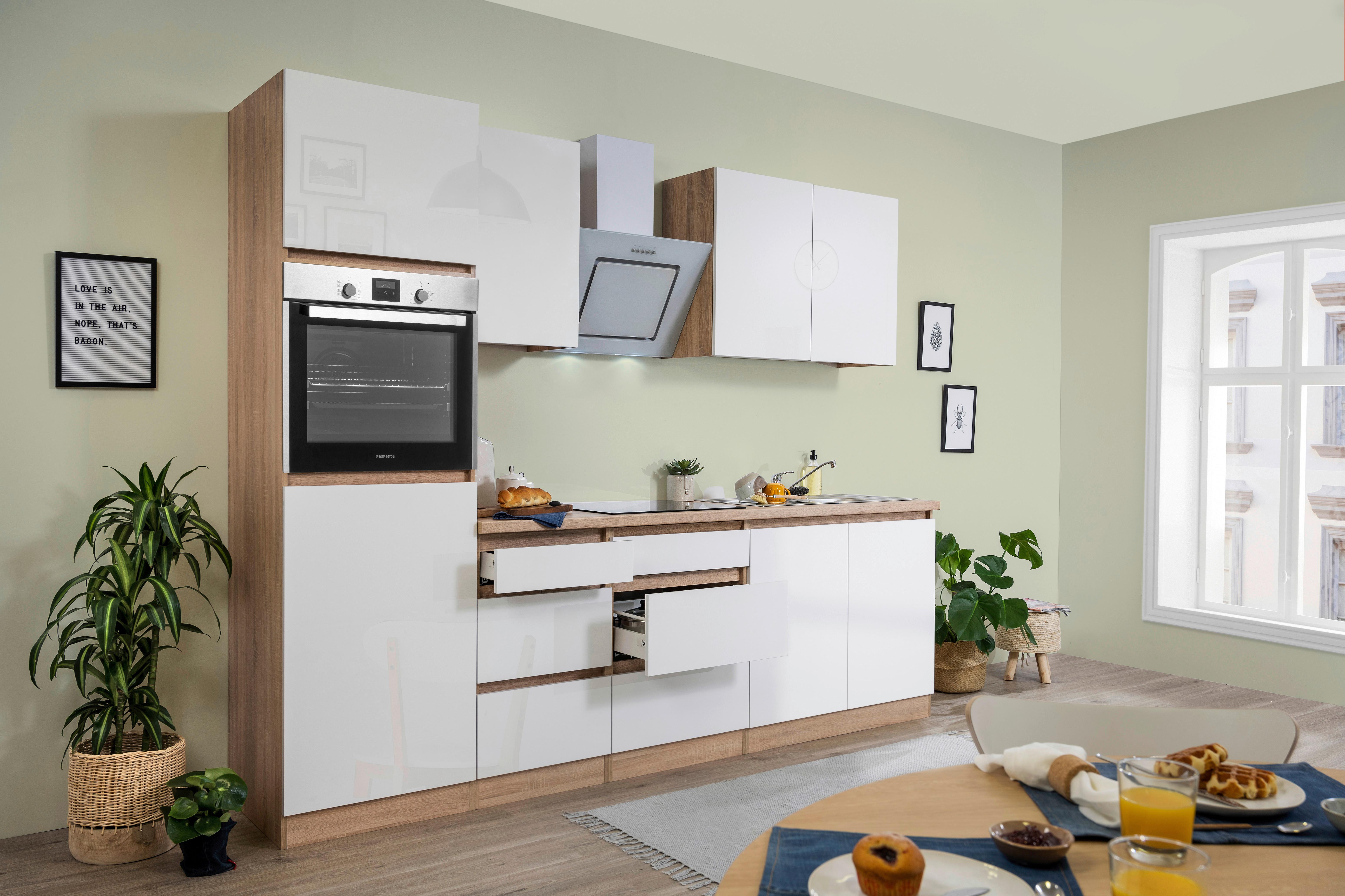 Küchenzeile Premium mit Geräten 270 cm Weiß/Eiche Dekor Modern - Eichefarben/Weiß, MODERN, Holzwerkstoff (270cm) - Respekta
