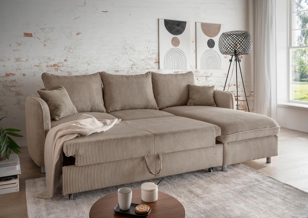 Eckschlafsofa Lauritio Graubraun S: 254x160 cm - Chromfarben/Graubraun, MODERN, Textil (254/160cm) - Livetastic