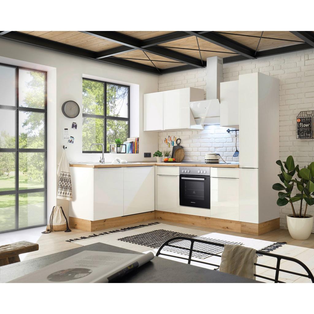 Eckküche mit Geräten 250x170 cm Weiß/Eiche Dekor, Modern