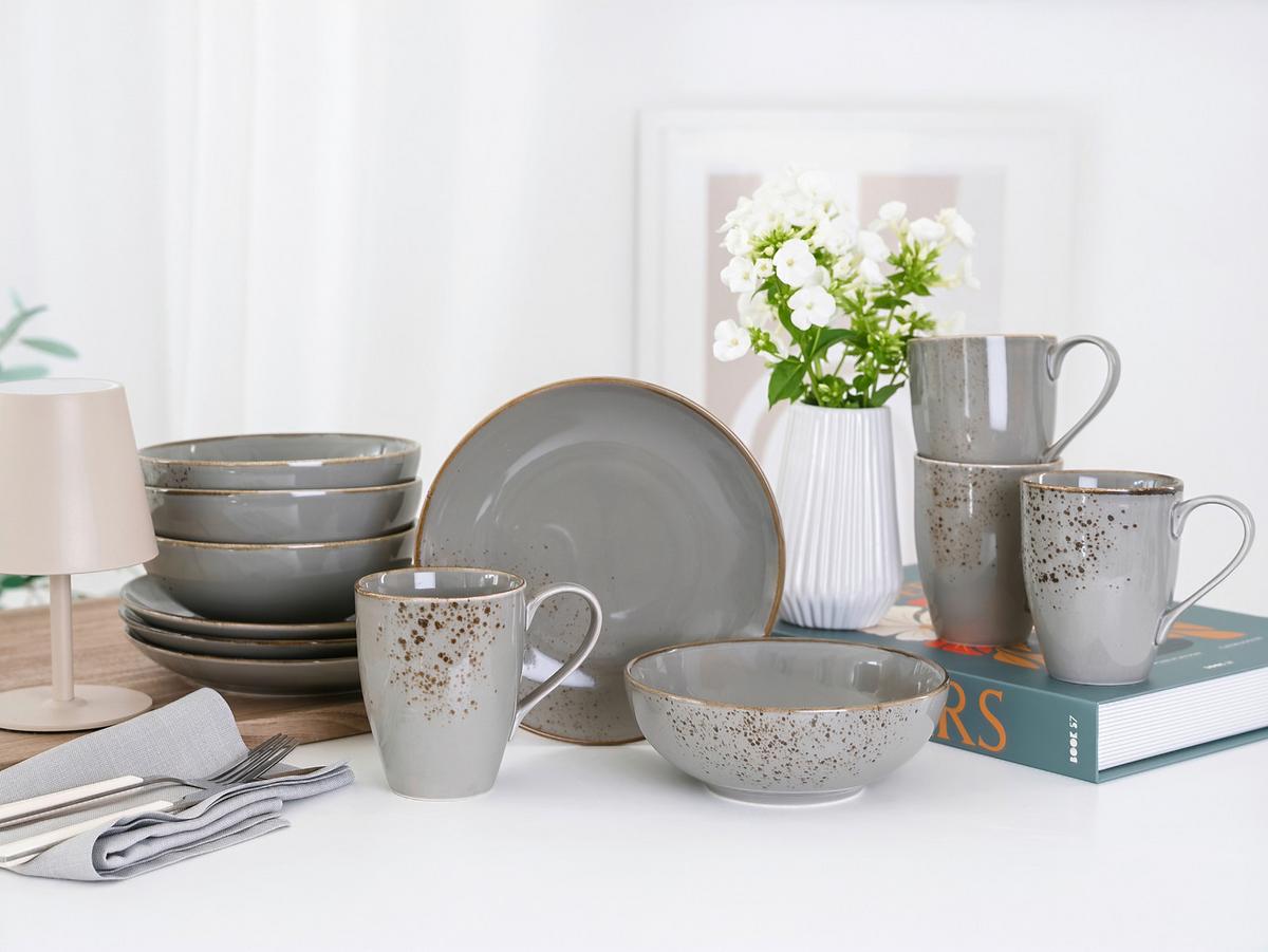 Frühstücksservice 12-teilig. Steinzeug, grau - Grau, Basics, Keramik - Creatable