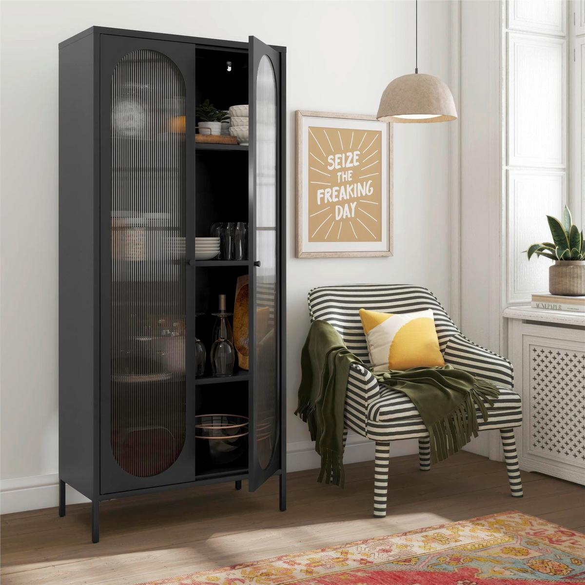 Vitrine Luna Schwarz B: 80cm - Schwarz, Design, Glas/Metall (80/40/186cm) - MID.YOU