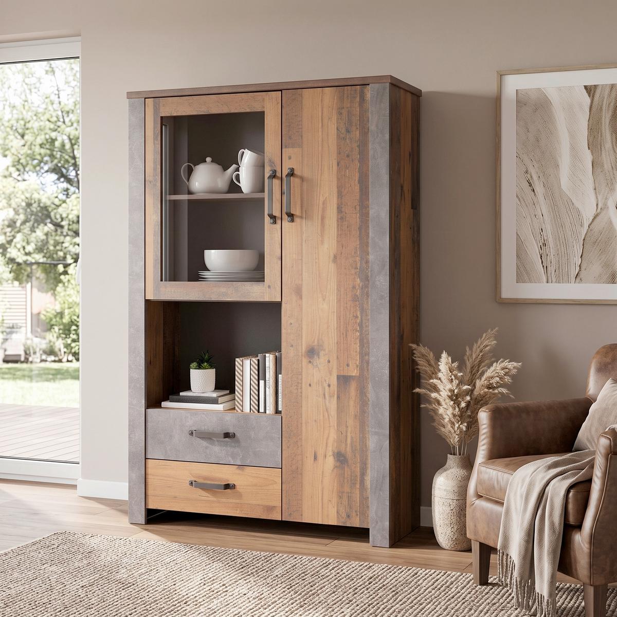 Highboard mit Glaselement B: 105 cm Ontario, Old Style - Eichefarben/Dunkelgrau, Trend, Glas/Holzwerkstoff (105/159/41,5cm) - Ondega