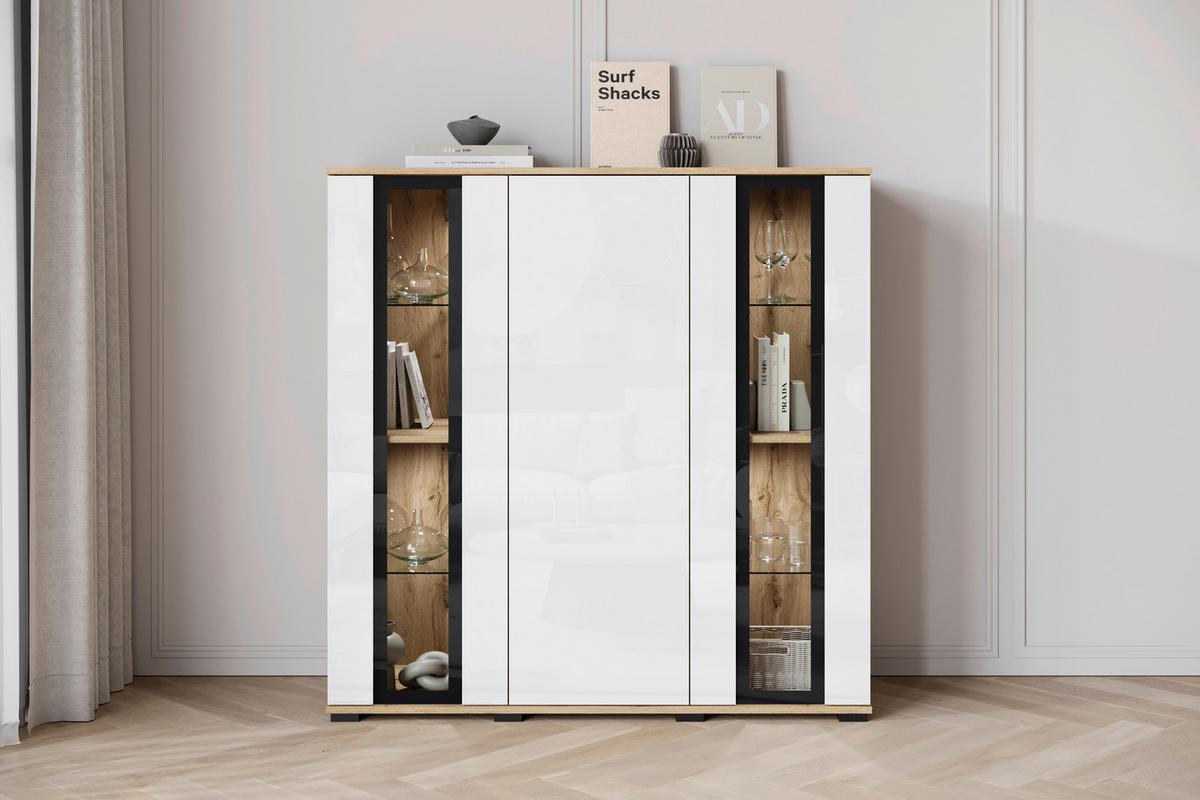 Kommode Caro Eiche Wotan/weiß Hg B: 120 Cm - Weiß Hochglanz/Eiche Wotan, Design, Glas/Holzwerkstoff (120/121,9/39,5cm) - Livetastic