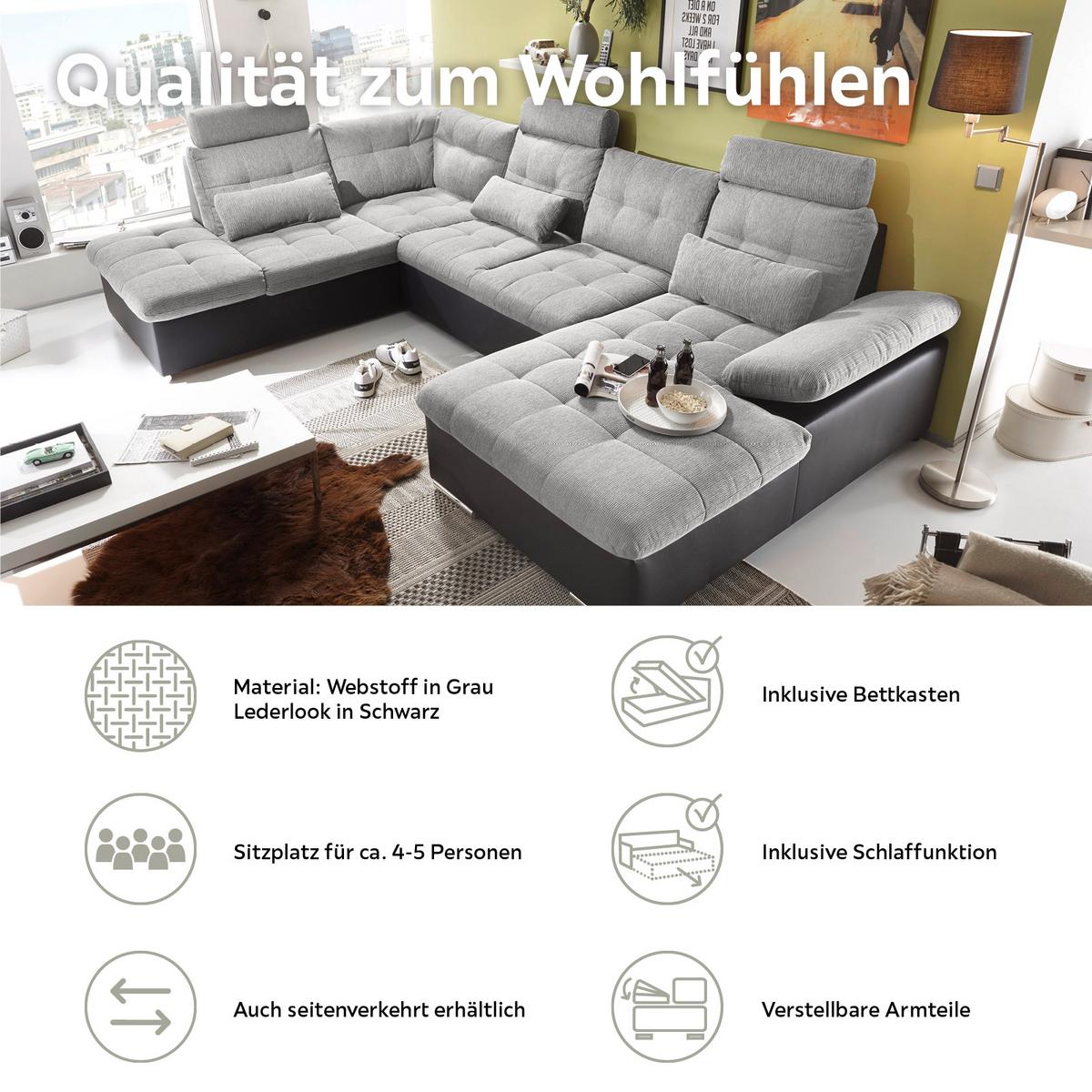 Wohnlandschaft Mit Schlaffunktion Jakarta - Chromfarben/Schwarz, Design, Textil (218/324/170cm) - MID.YOU
