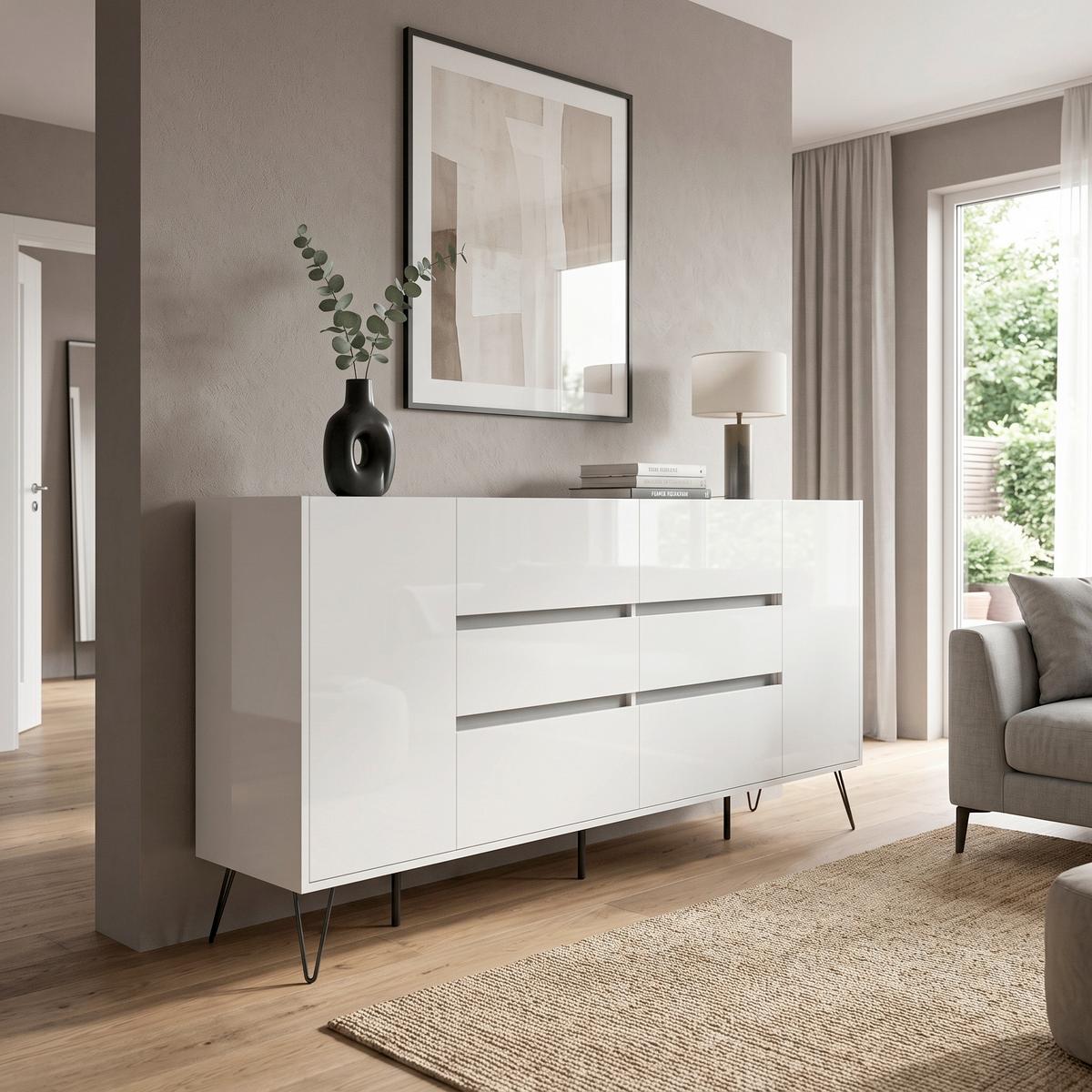 Sideboard Posseik Industrial Weiß B: 199 cm - Weiß Hochglanz/Schwarz, Design, Holzwerkstoff (199/93,6/42cm) - MID.YOU