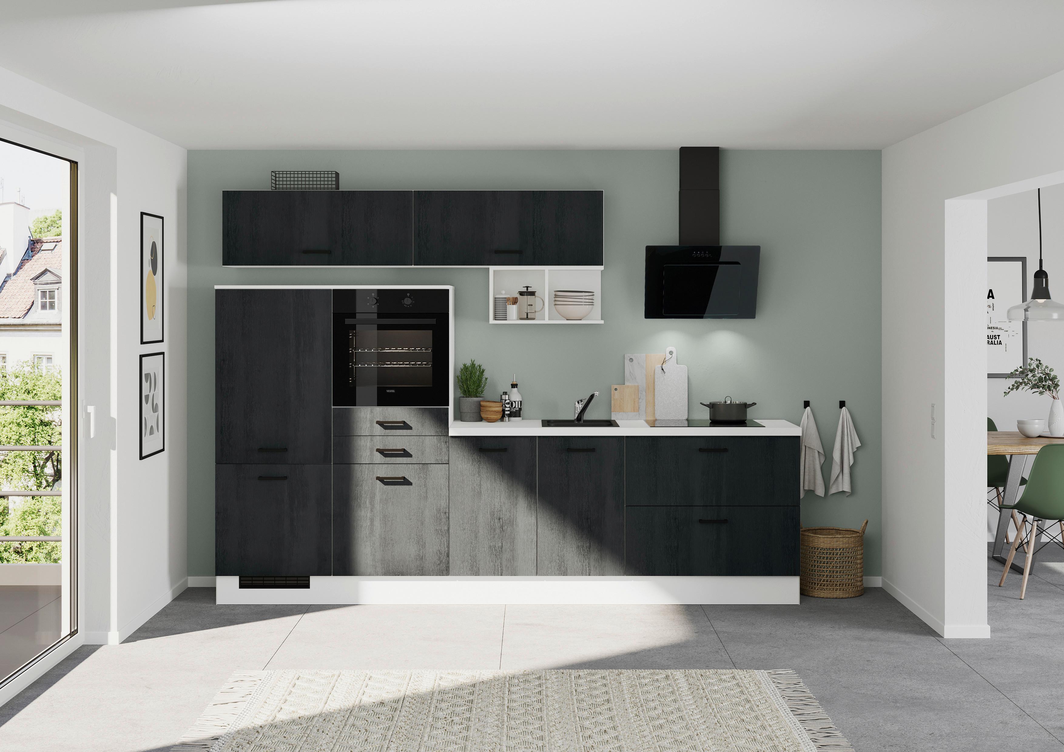 Küchenblock Ip2200 - Eiche dunkel/Schwarz, Design, Holzwerkstoff (300cm) - Impuls