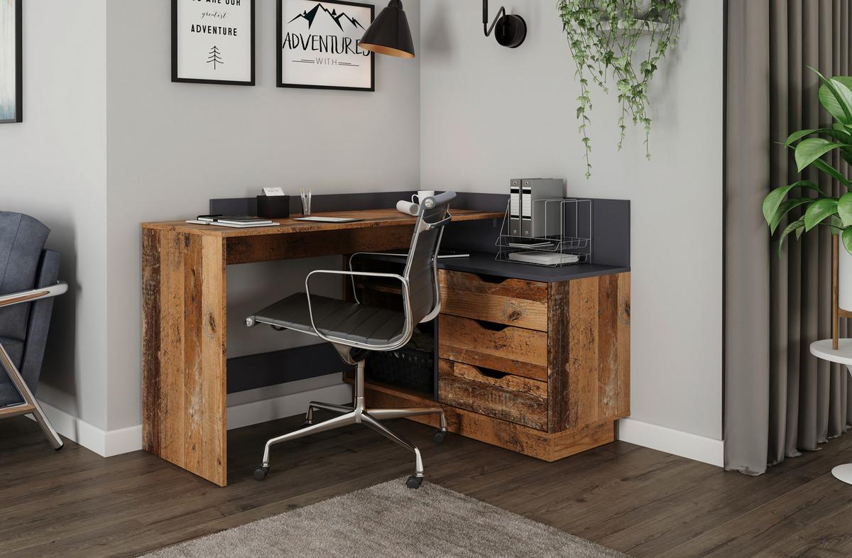 Eckschreibtisch Mit Stauraum Lxbxh: 129x105x83,5 Cm Belfast - Alteiche/Anthrazit, KONVENTIONELL, Holzwerkstoff (129/105/83,5cm) - MID.YOU