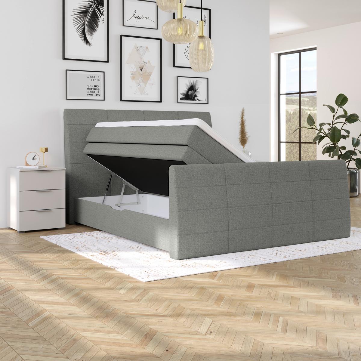 Boxspringbett mit Topper & Bettkasten 160x200 Libra - Hellgrau/Schwarz, KONVENTIONELL, Textil (160/200cm)