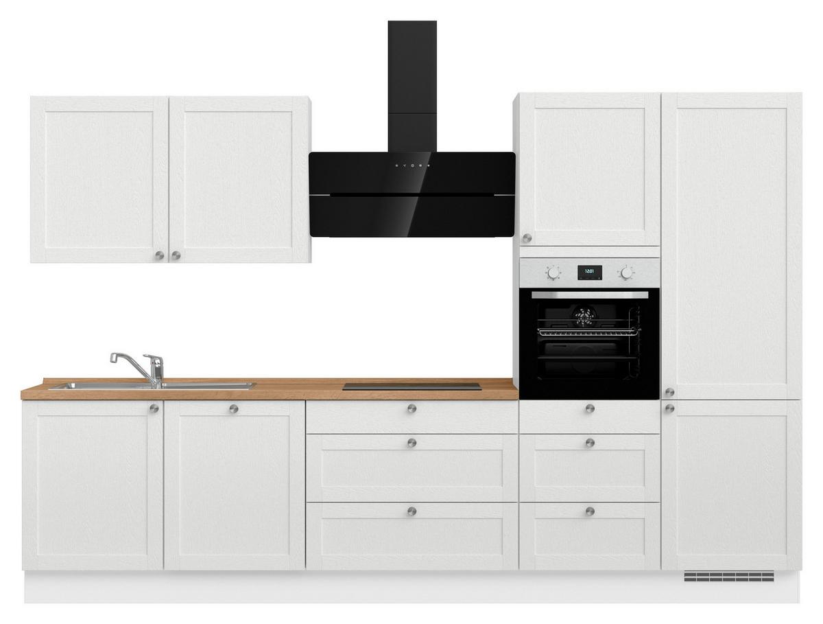 Kuchynská linka 330 cm, biela /dub Sierra - biela/farba ušľachtilej ocele, Romantik / Landhaus, kov/kompozitné drevo (330cm) - Nobilia