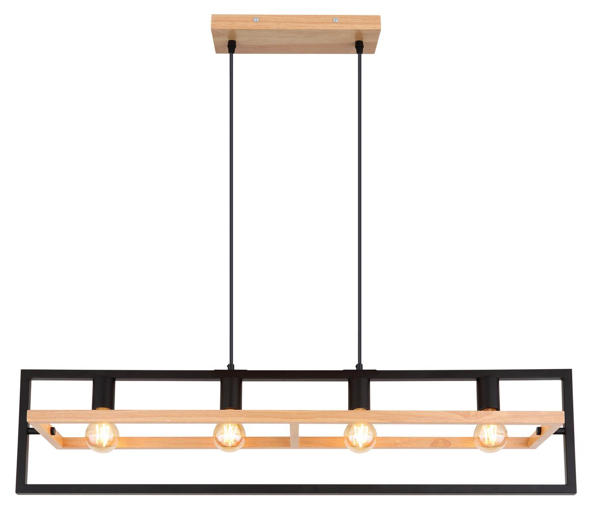 Hängeleuchte H: 150 cm 4-Flammig, drehbar - Schwarz/Braun, Natur, Holz/Metall (98/20/150cm) - Globo