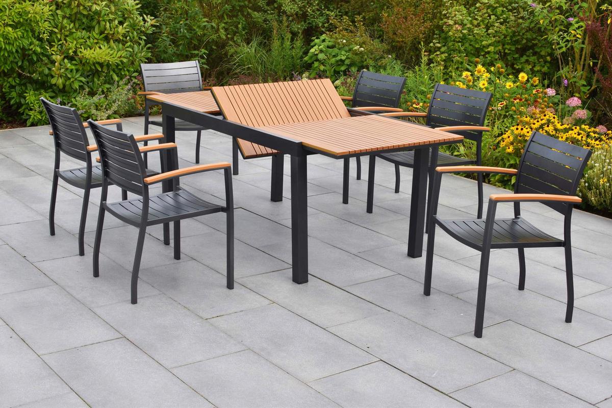 Gartentischgruppe 7-teilig. Set - Graphitfarben/Naturfarben, KONVENTIONELL, Kunststoff/Metall - Gardenson