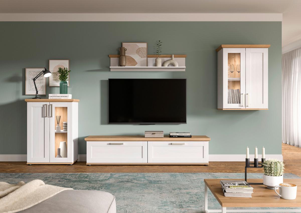 Wohnwand Verona Lärchefarben /Eiche Dekor B: 316cm - Lärchefarben/Schwarz, Design, Holzwerkstoff (316/161/40cm) - Livetastic