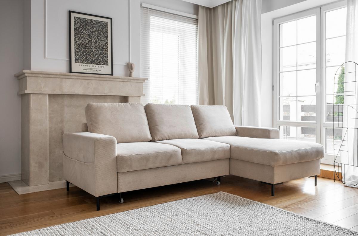 Rohová sedačka LEONIE, pravá, béžový manšestr - černá/béžová, Design, kov/dřevo (236/148cm)