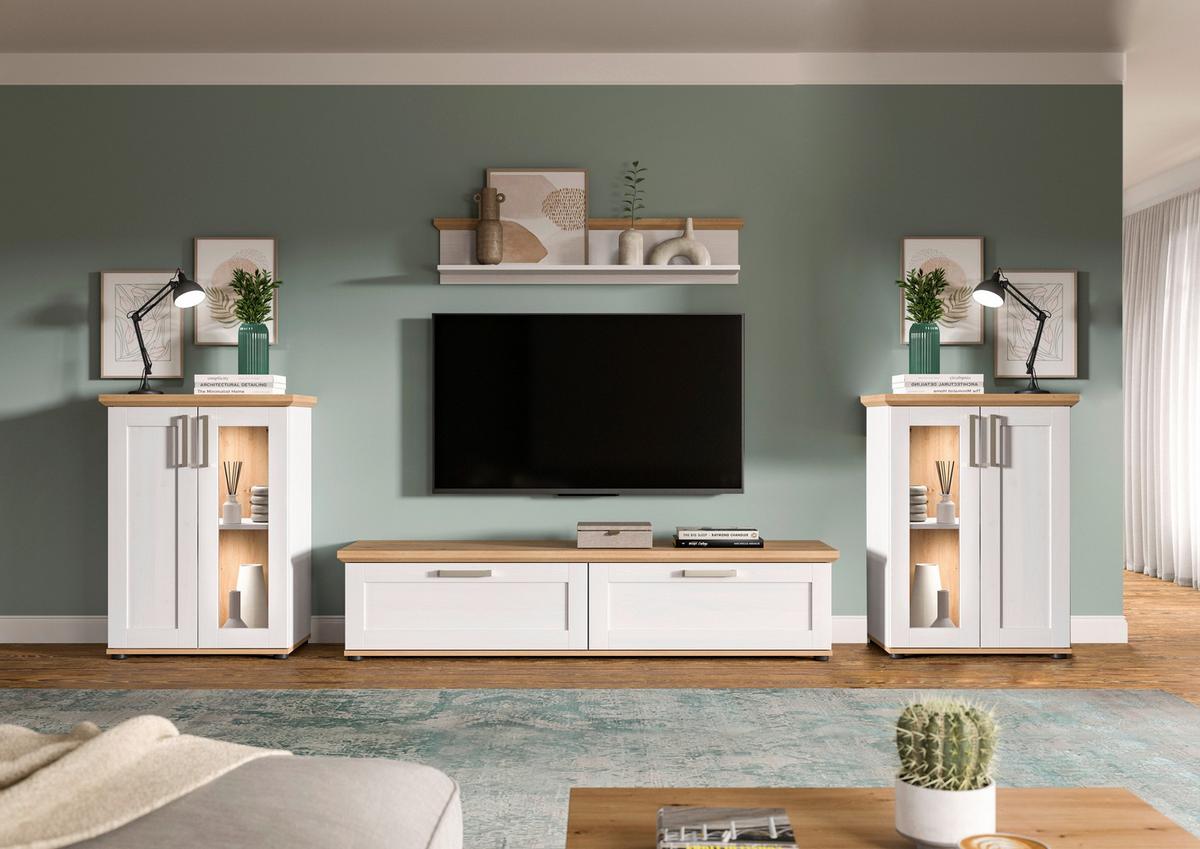 Wohnwand Verona Lärchefarben /Eiche Dekor B: 316cm - Lärchefarben/Schwarz, Design, Holzwerkstoff (316/161/40cm) - Livetastic