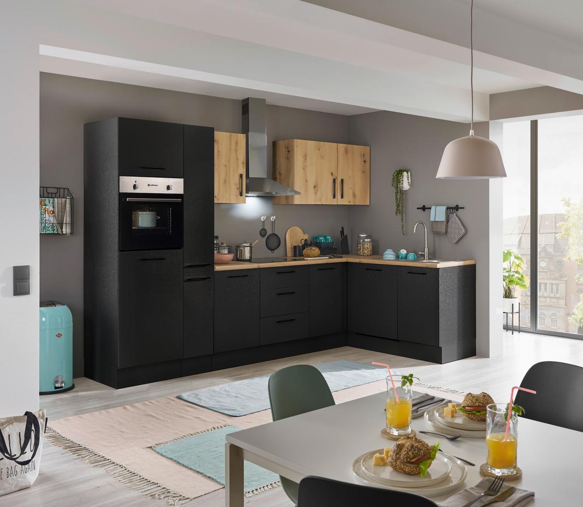 Eckküche Turin Schwarz/Eiche Dekor 310x175 cm - Schwarz/Eiche Artisan, Basics, Holzwerkstoff (310/175cm) - MID.YOU