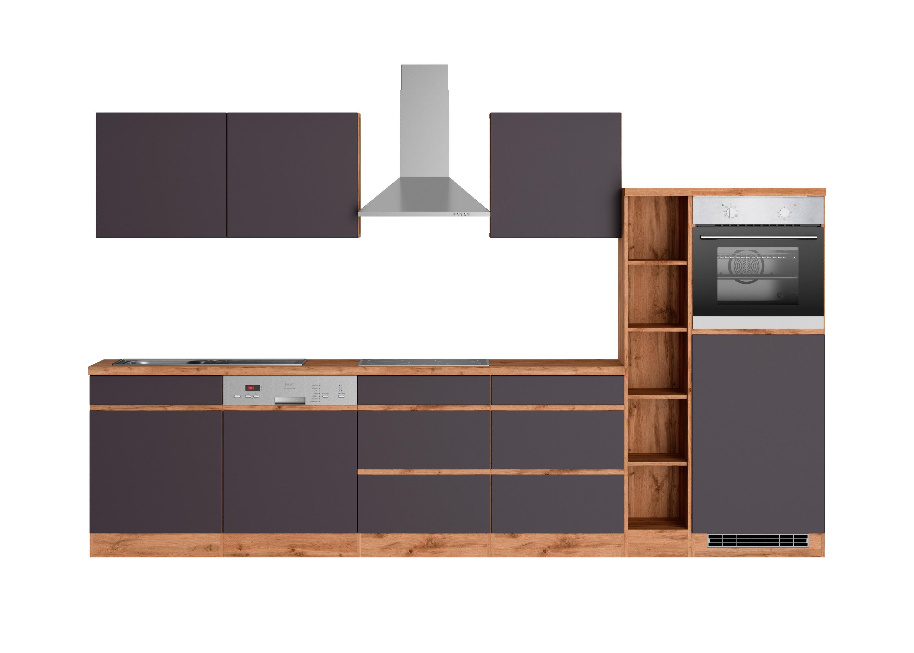 Küchenzeile Turin mit Geräte B: 330cm Grau/Wotaneiche Dekor - Eiche Wotan/Grau, Design, Holzwerkstoff (330cm) - Held