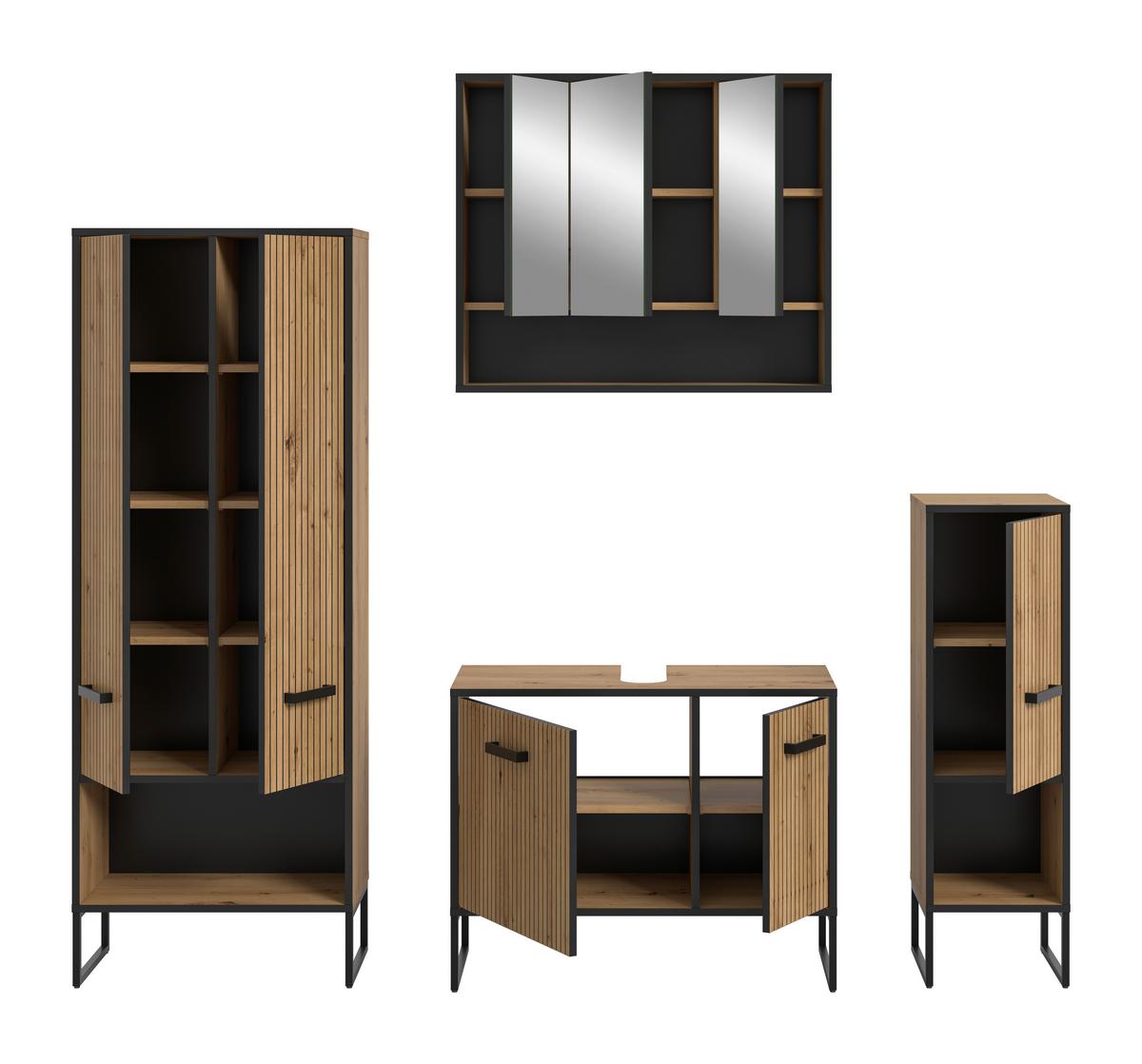 Badezimmer Bagno Schwarz /Eiche Artisan Dekor B: 169cm - Schwarz/Eiche Artisan, Trend, Glas/Holzwerkstoff (169cm) - MID.YOU