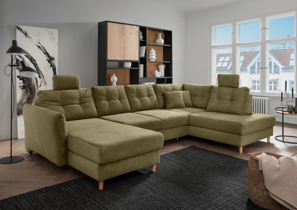 Wohnlandschaft Brizzini mit Schlaffunktion, Olivgrün - Naturfarben/Olivgrün, MODERN, Textil (176/338-352/206cm) - Livetastic