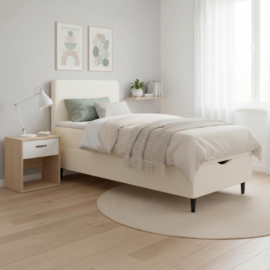 Boxspringová posteľ VIDA 90x200, krémová, s topperom - čierna/slonovinová, Modern, drevo/textil (90/200cm) - Bessagi Home