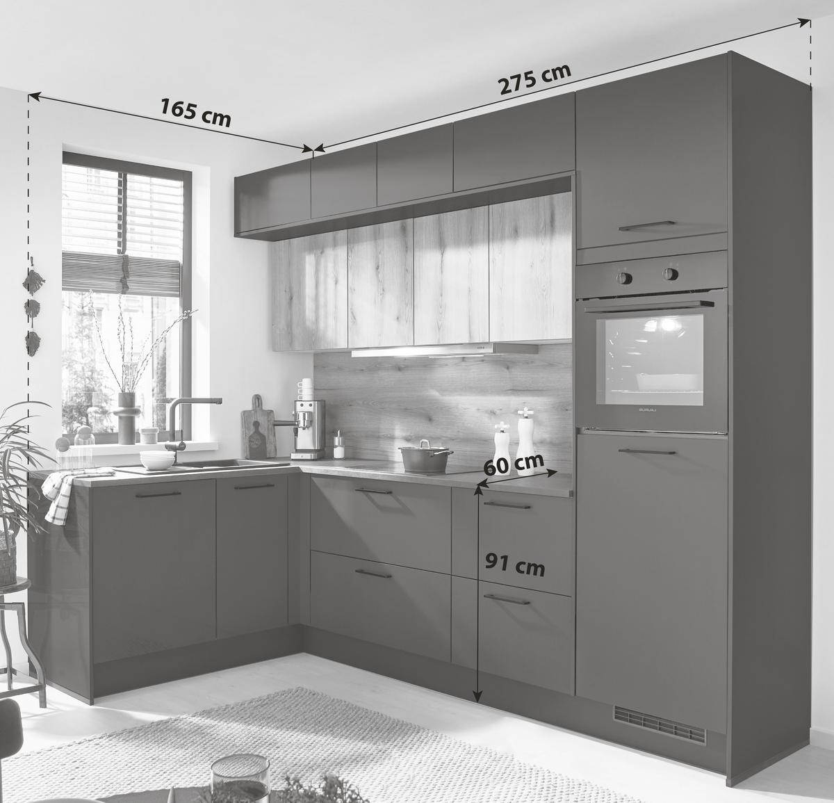 Eckküche Pn210/Pn100 - Eichefarben/Schwarz, Basics, Holzwerkstoff (165/275cm) - Pino