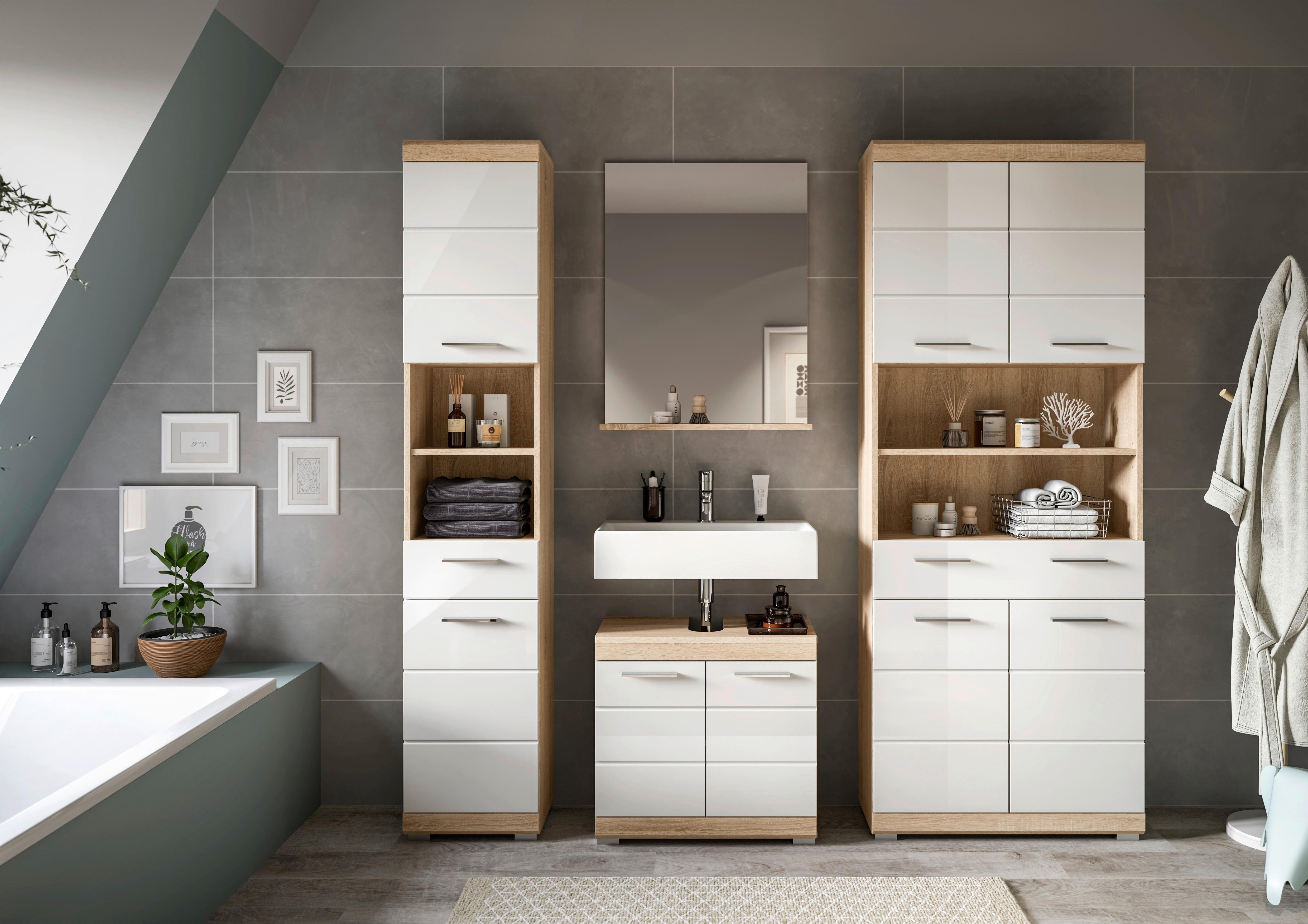 Badezimmer Lambada Eiche Dekor/Weiß B: 171 cm - Weiß Hochglanz/Silberfarben, MODERN, Glas/Holzwerkstoff (171cm) - MID.YOU