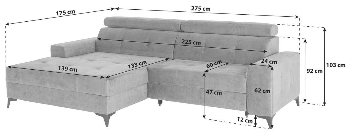 Ecksofa mit Schlaffunktion Florida Hellgrau Samt - Hellgrau, MODERN, Holz/Holzwerkstoff (175/275cm)