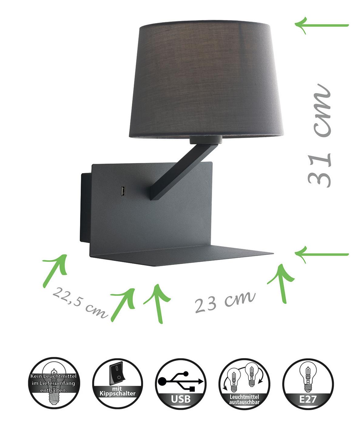 Wandleuchte Ciak 1-flammig Kippschalter + Usb-Anschluss - Grau, Design, Textil/Metall (31/23/22,5cm)