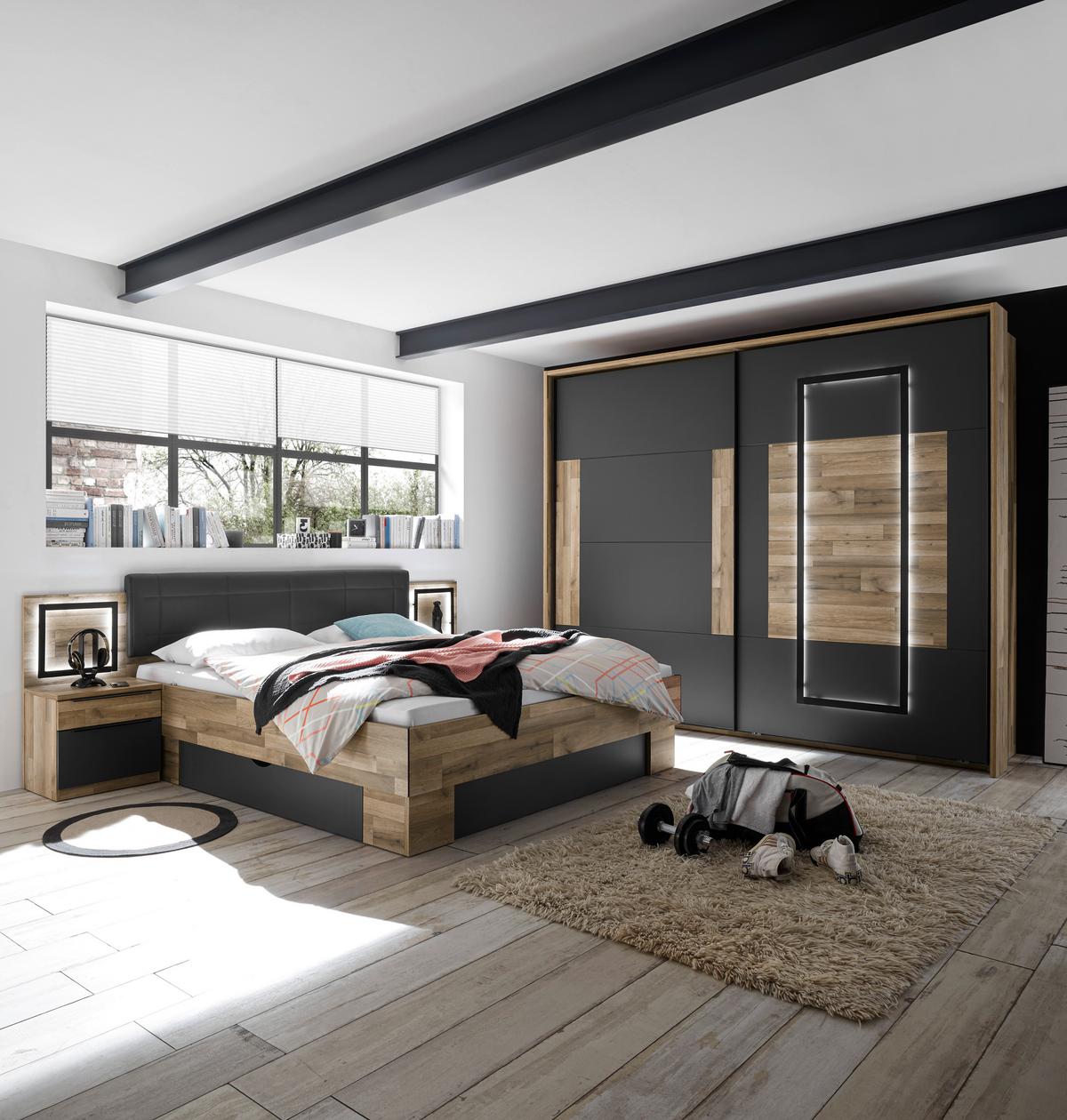 Schwebetürenschrank + LED 270cm , Graphit/Eiche Dekor - Eichefarben/Graphitfarben, KONVENTIONELL, Holzwerkstoff (270/225,5/60cm) - James Wood