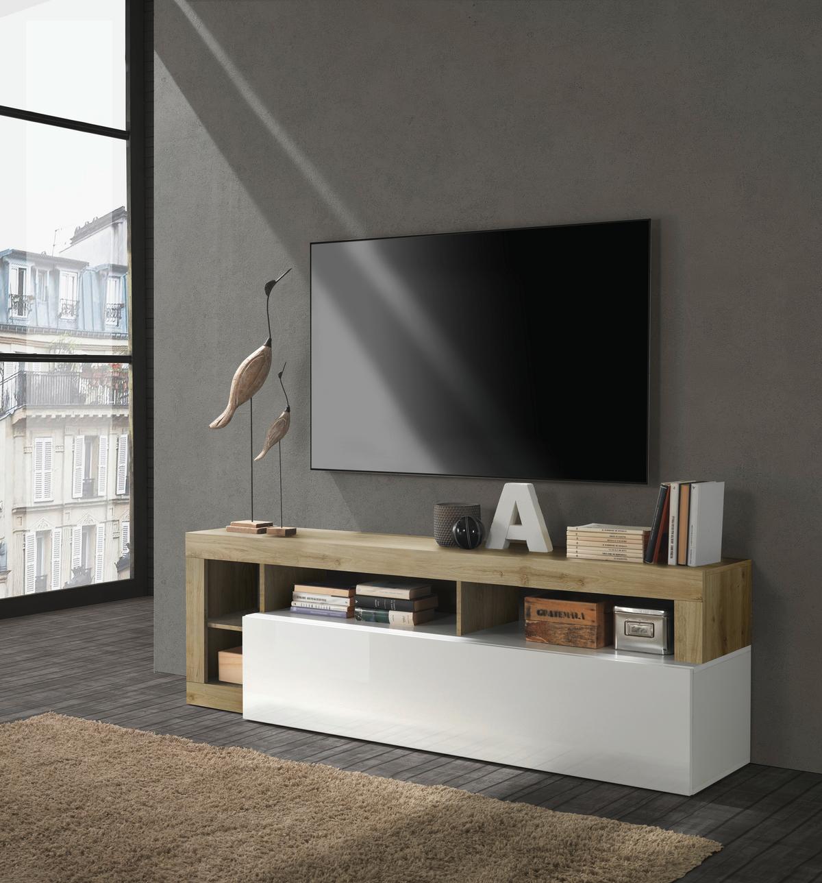 Tv-element Hamburg Eiche Dekor, Weiß Hg B: 184cm - Eichefarben/Weiß Hochglanz, MODERN, Holzwerkstoff (184/58/42cm)