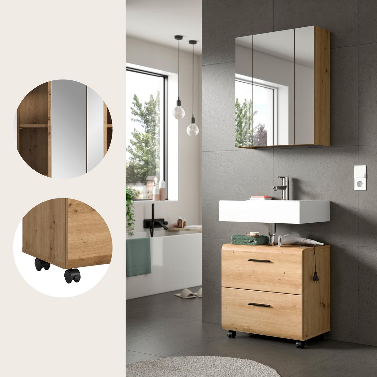 Badezimmer Ice Eiche Artisan Dekor B: 60cm - Schwarz/Eiche Artisan, Trend, Glas/Holzwerkstoff (60cm) - MID.YOU