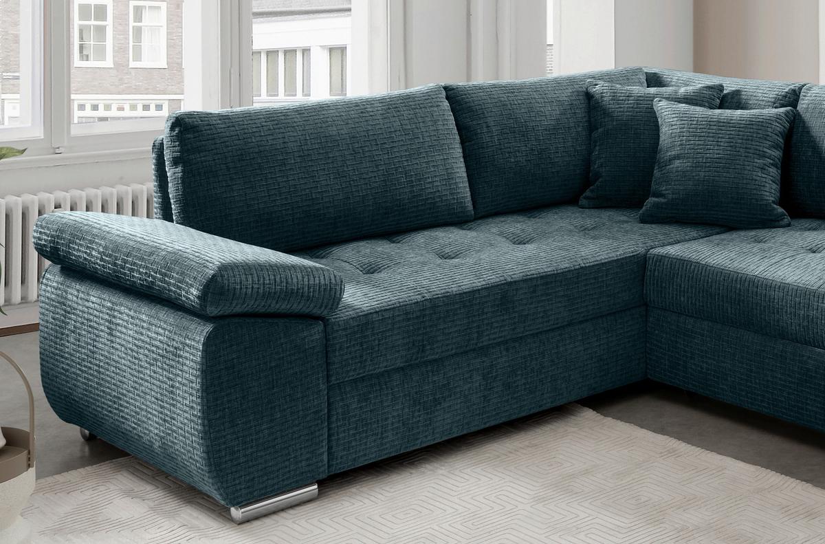 Wohnlandschaft Terana Blau mit Schlaffunktion, Mikrofaser - Chromfarben/Blau, KONVENTIONELL, Textil (219/305/157cm) - Livetastic