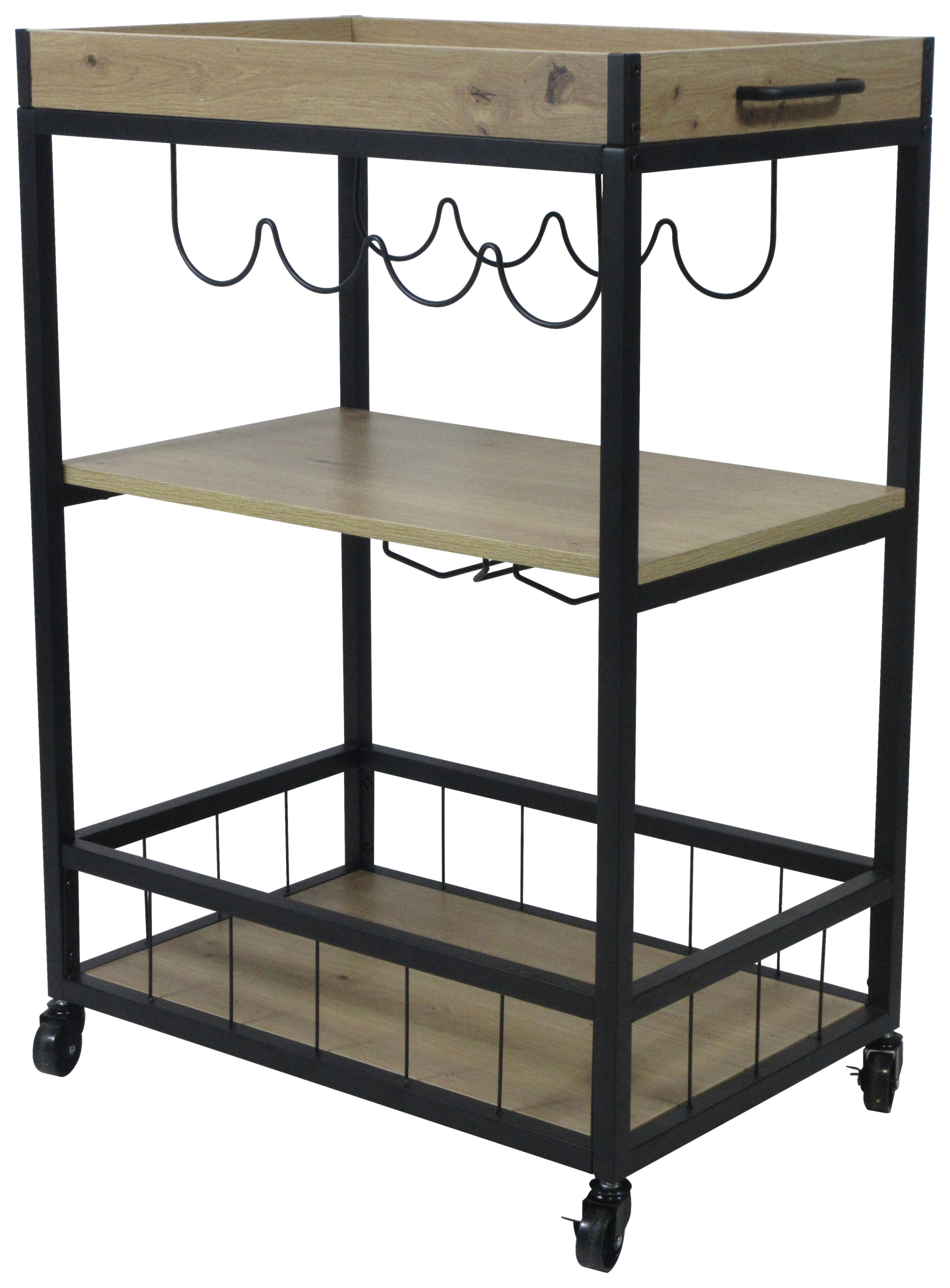 Servírovací vozík GRAZ - čierna/prírodná farba, Modern, kov/kompozitné drevo (67/88/39,5cm)