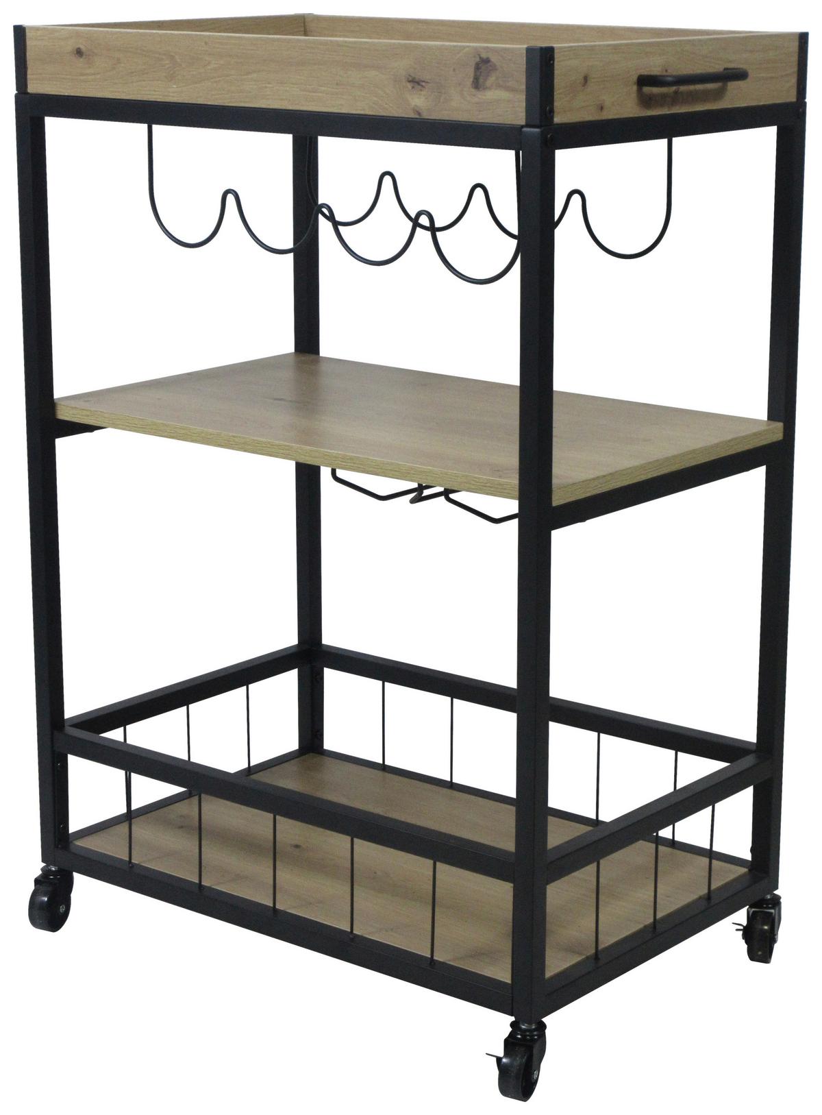 Servírovací vozík GRAZ - černá/přírodní barvy, Moderní, kov/kompozitní dřevo (67/88/39,5cm)