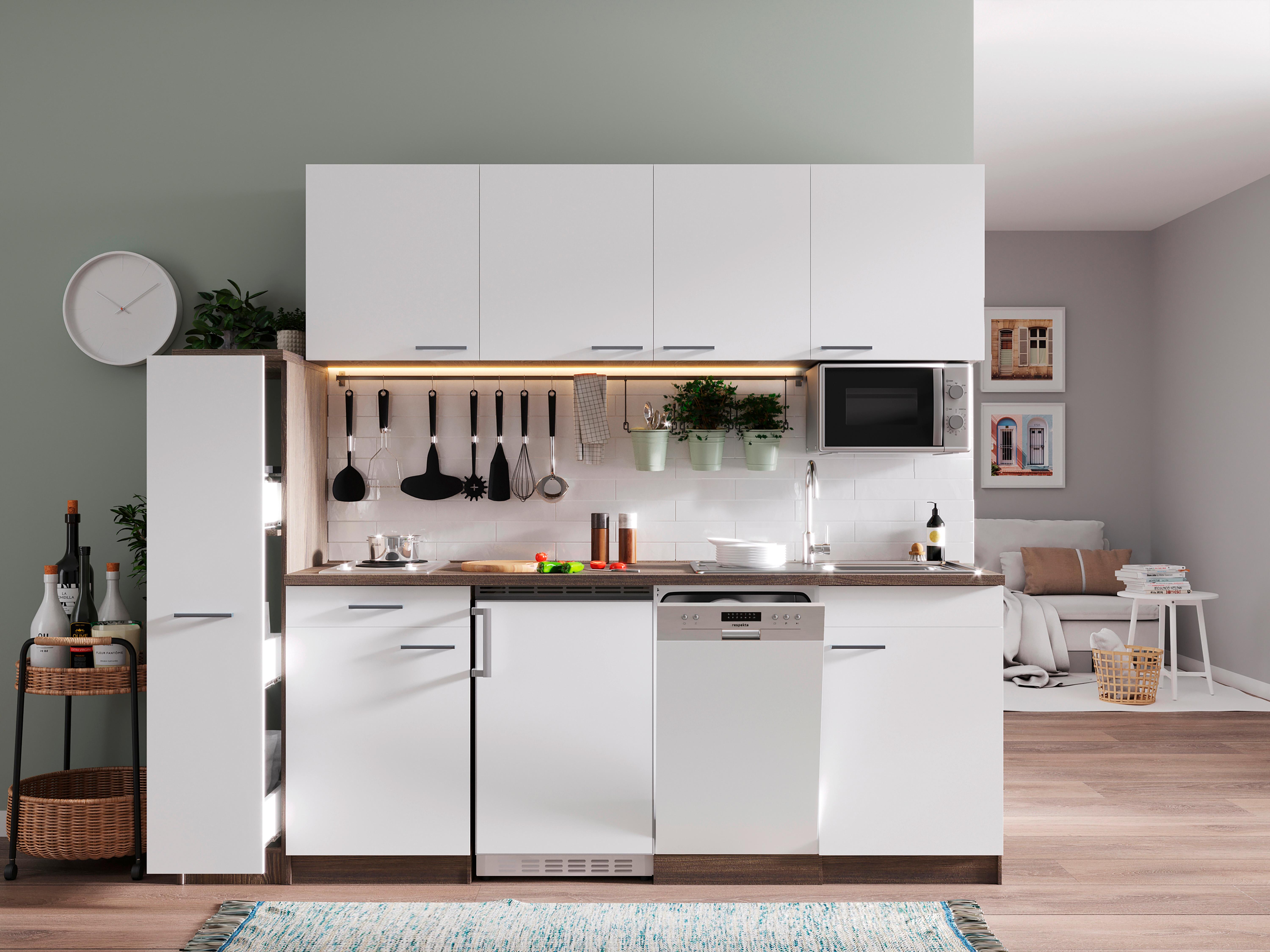 KÜCHENBLOCK OLIVER SINGLEKÜCHE 225 CM - Eichefarben/Weiß, Basics, Holzwerkstoff (225cm) - Respekta