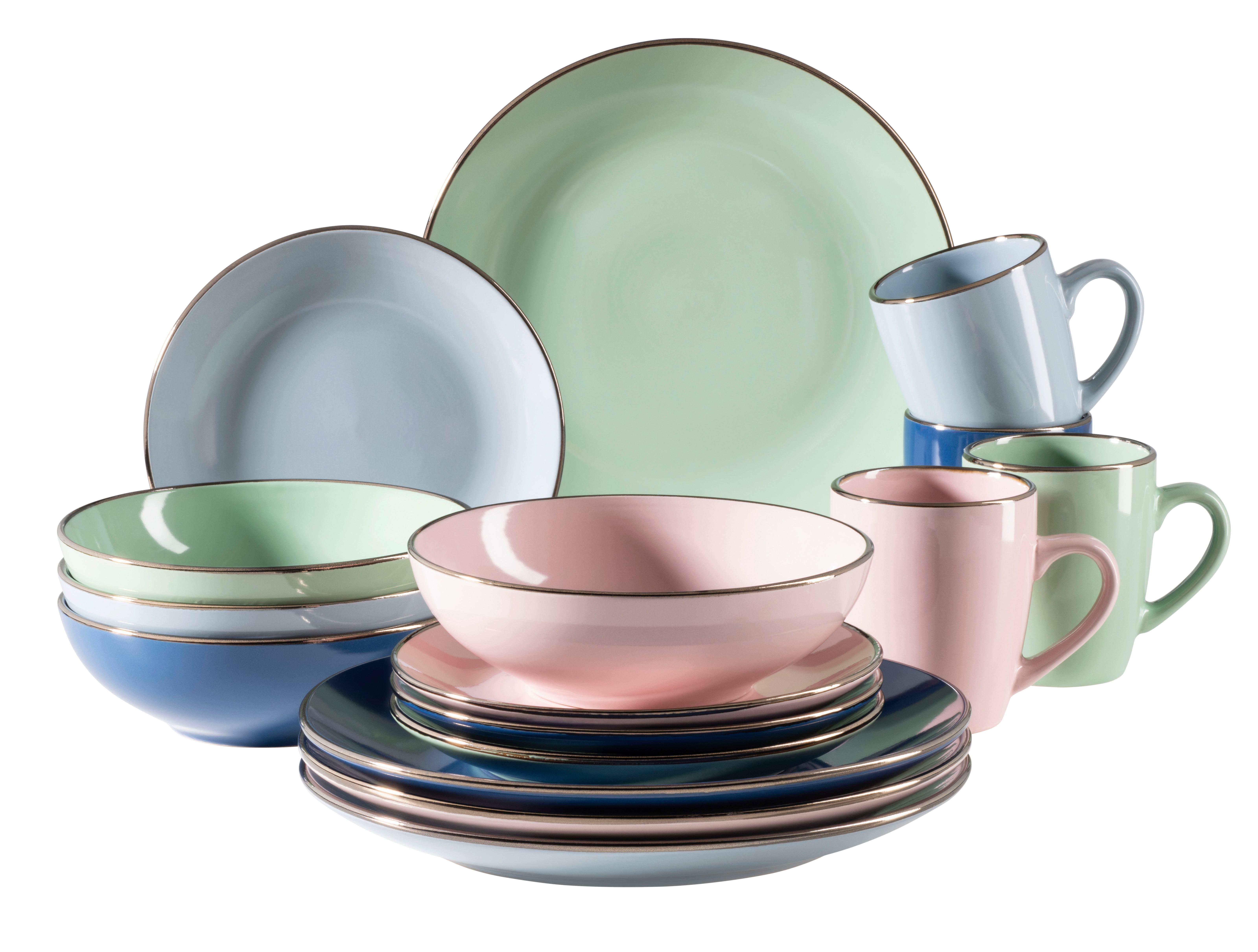 Kombiservice Metallic Rim 4 Personen Geschirr Set - Rosa/Dunkelblau, Basics, Keramik (33/31,7/32,5cm) - Mäser