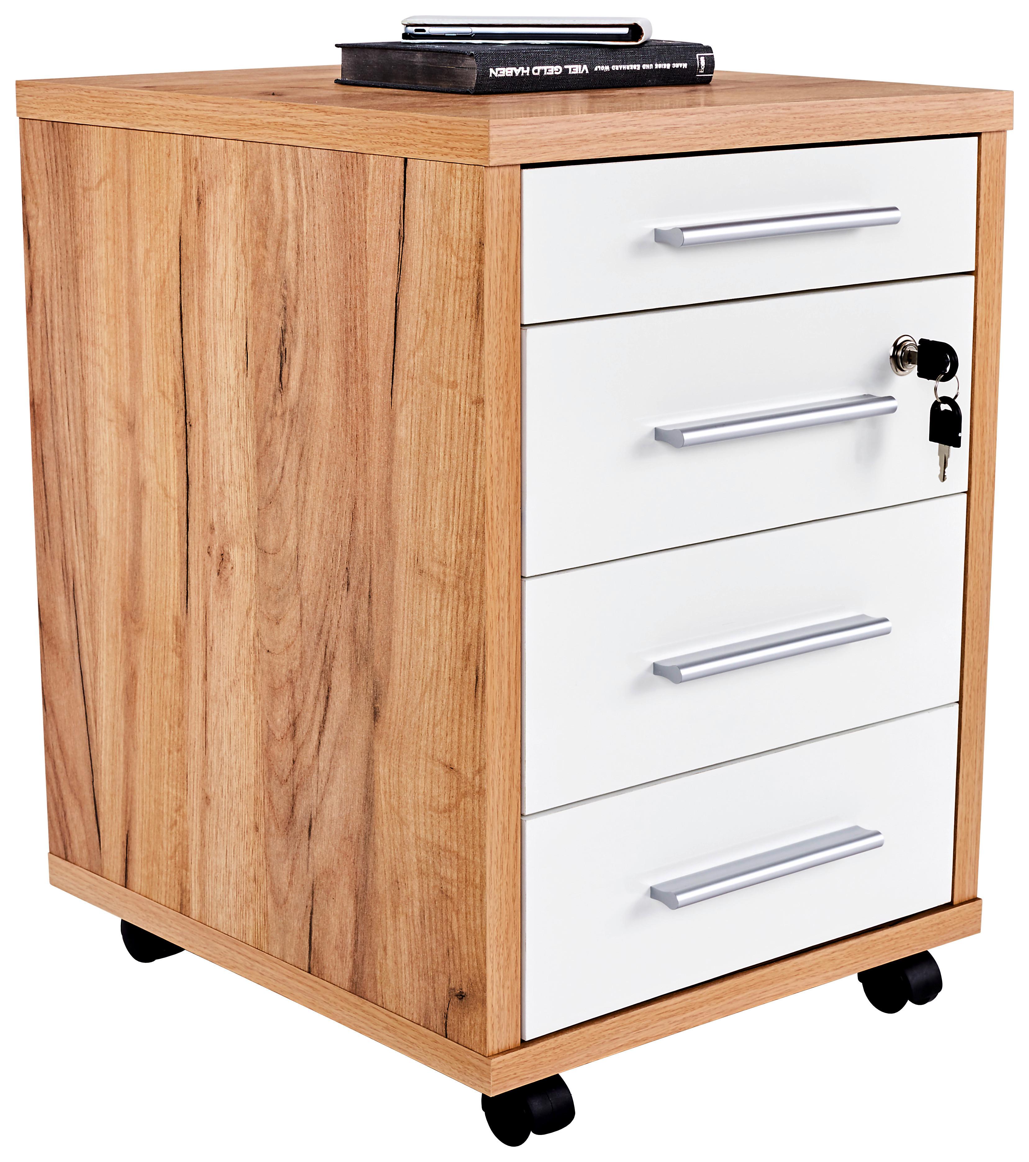 Rollcontainer Eiche Dekor/weiß Abschließbar Profi 43x62x48 Cm - Eichefarben/Weiß, MODERN, Holzwerkstoff (43/62/48cm) - Ondega