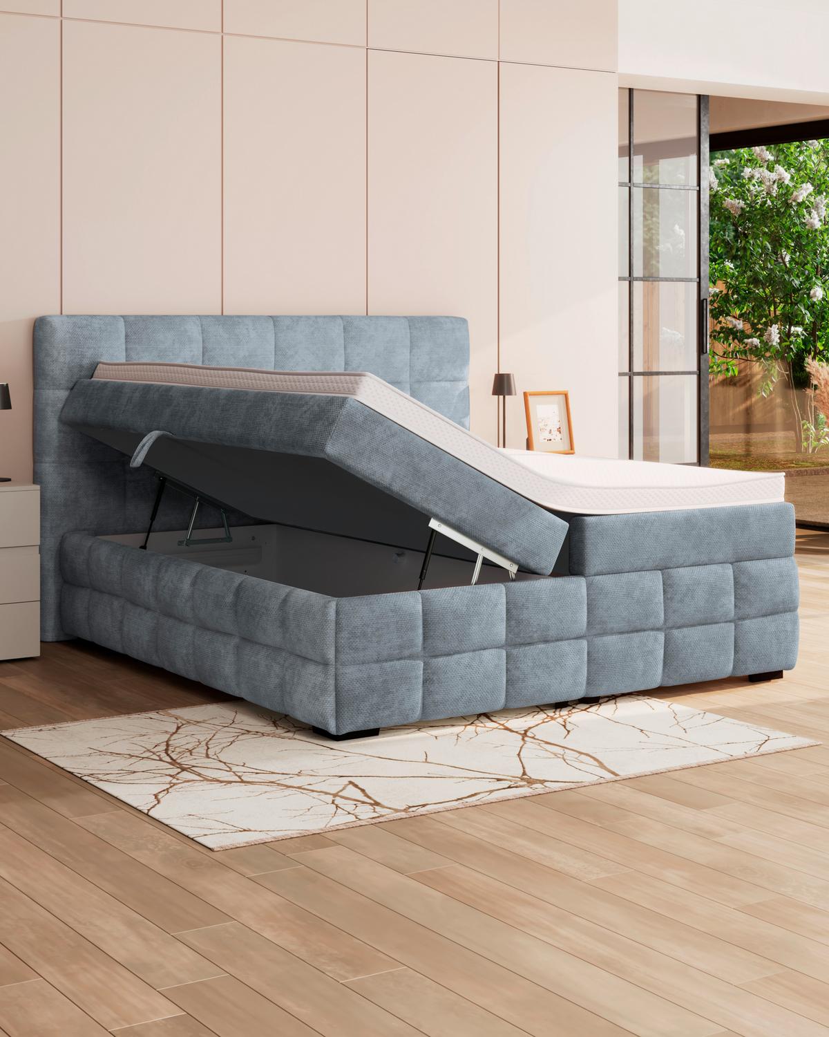 Čalouněná postel VEGA 180x200 cm, světle modrá - černá/světle modrá, Trend, dřevo/textil (180/200cm)