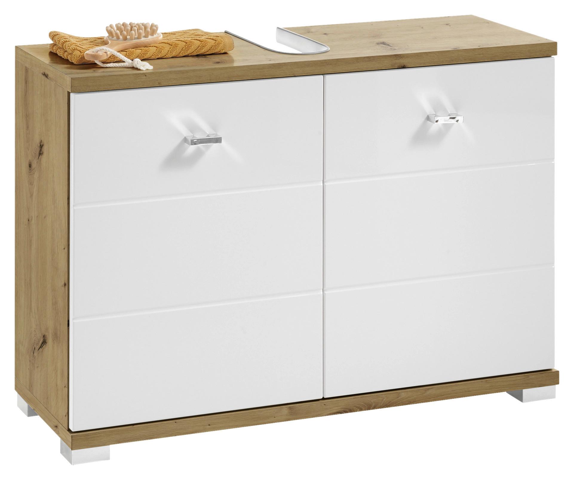 Waschbeckenunterschrank Pool B: 80 cm Eiche Dekor Stehend - Weiß Hochglanz/Silberfarben, KONVENTIONELL, Holzwerkstoff (80/57/31cm) - Livetastic