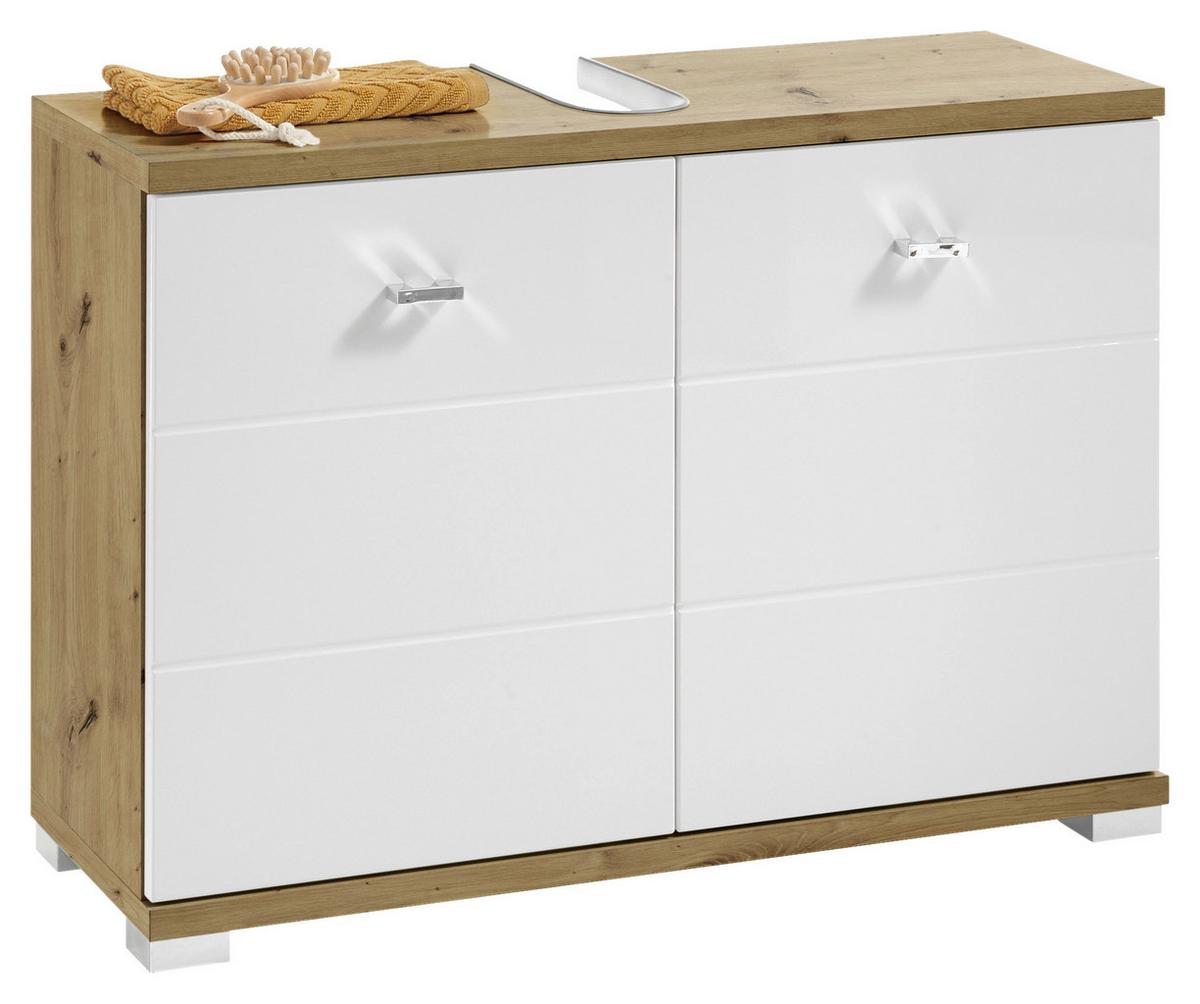 Waschbeckenunterschrank Pool B: 80 Cm Eiche Dekor Stehend - Weiß Hochglanz/Silberfarben, KONVENTIONELL, Holzwerkstoff (80/57/31cm) - Livetastic