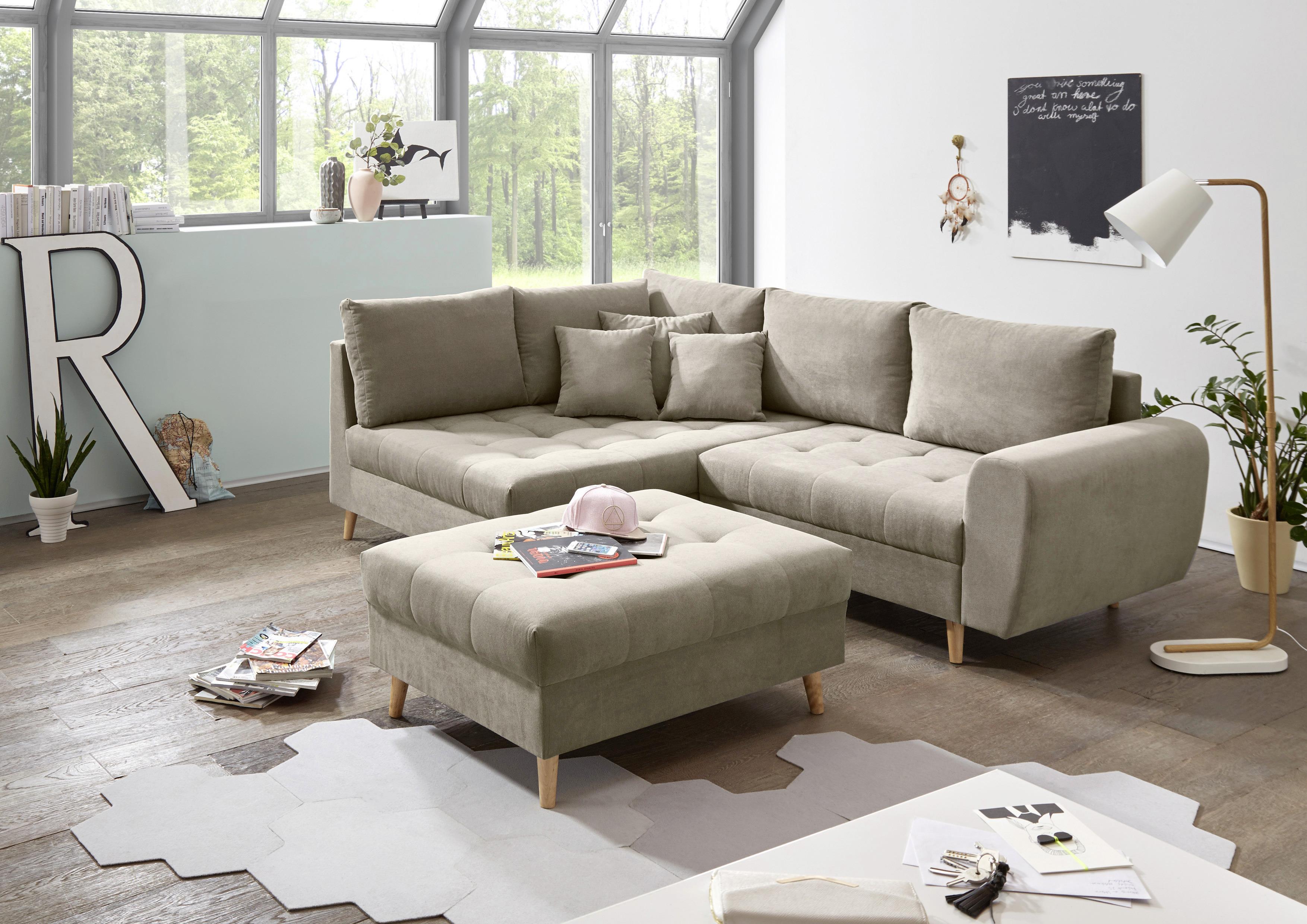 Polsterhocker Alice Sandfarben Webstoff H: 48 cm Holzbeine - Sandfarben/Kieferfarben, KONVENTIONELL, Holzwerkstoff/Textil (106/48/80cm) - MID.YOU