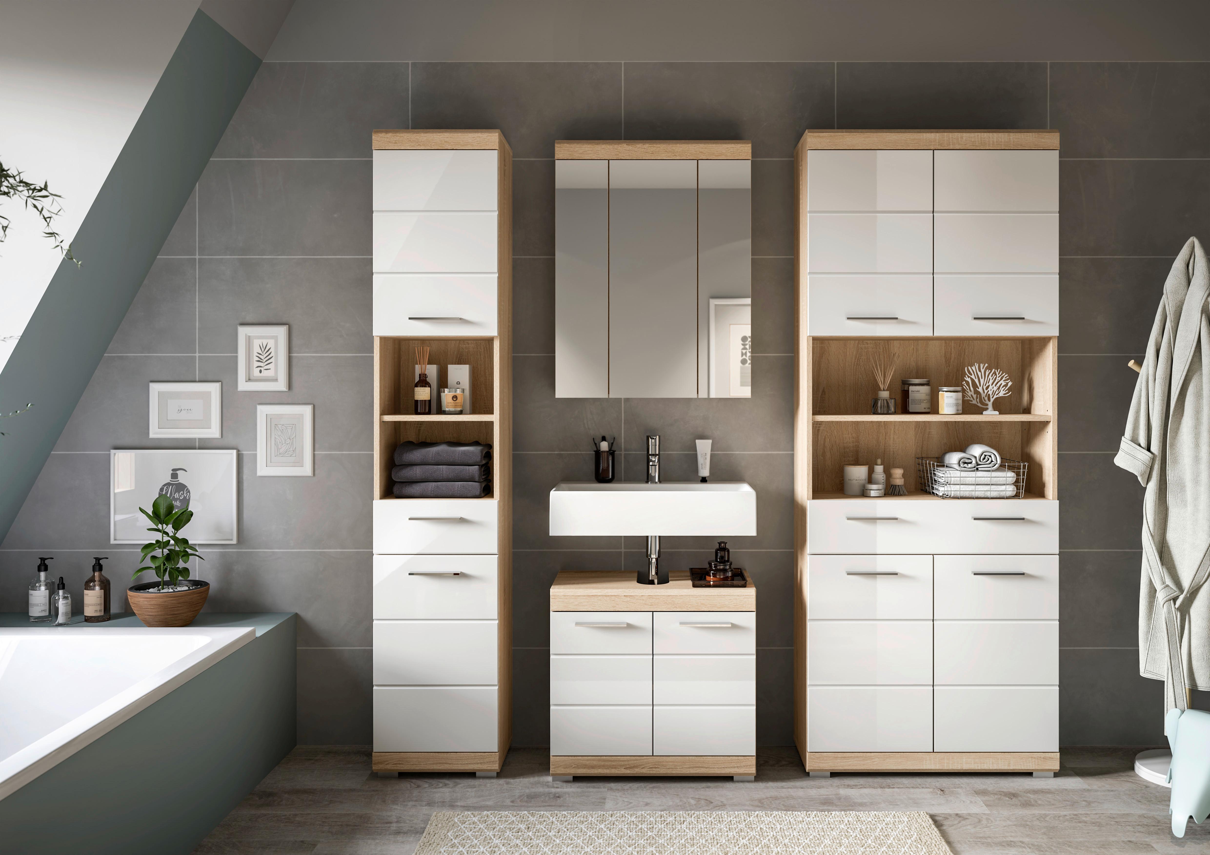 Badezimmer Lambada Eiche Dekor/Weiß B: 165 cm - Weiß Hochglanz/Silberfarben, MODERN, Glas/Holzwerkstoff (165cm) - MID.YOU