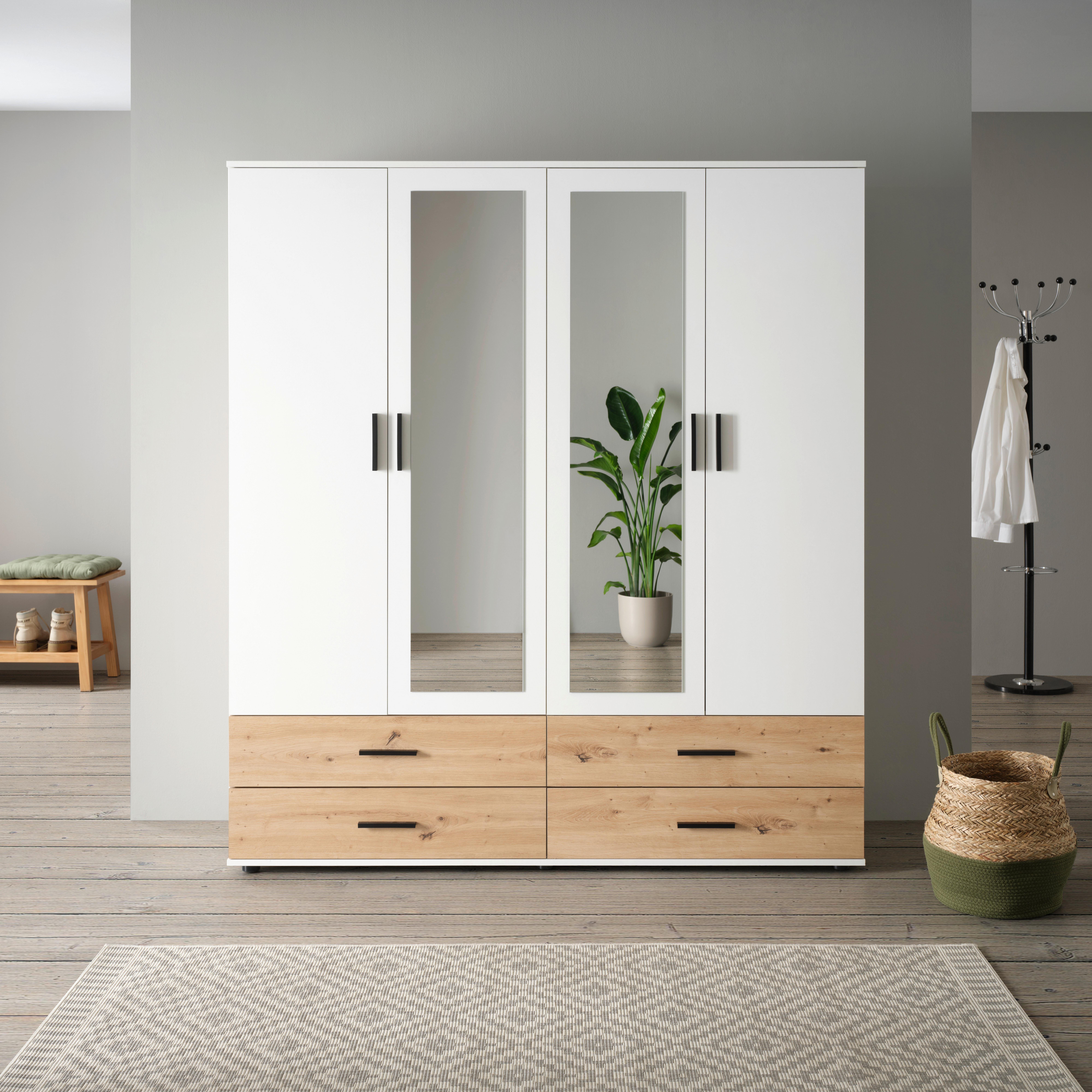 Šatní skříň se zrcadlem a zásuvkami Rasant, bílá/dub - bílá/černá, Konvenční, kompozitní dřevo/plast (168/188/52cm)