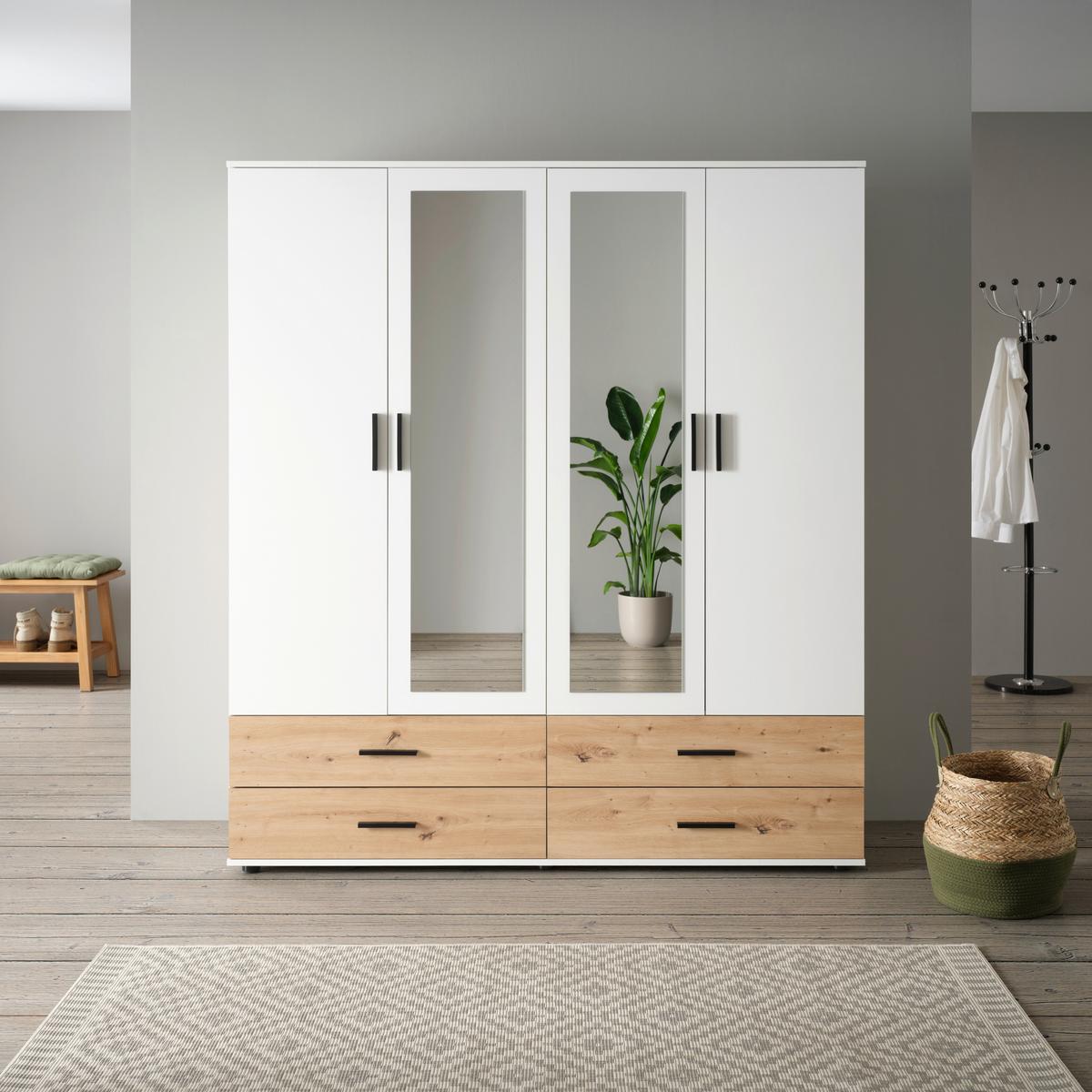 Šatní skříň se zrcadlem a zásuvkami Rasant, bílá/dub - bílá/černá, Konvenční, kompozitní dřevo/plast (168/188/52cm)