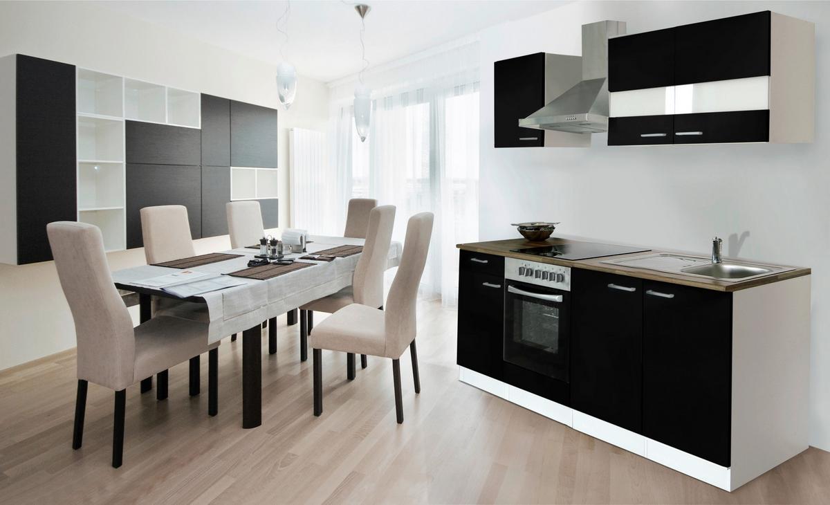 Küchenzeile Economy M. Geräten 210 Cm Schwarz/nussbaum Dekor - Nussbaumfarben/Schwarz, Basics, Holzwerkstoff (210cm) - Respekta
