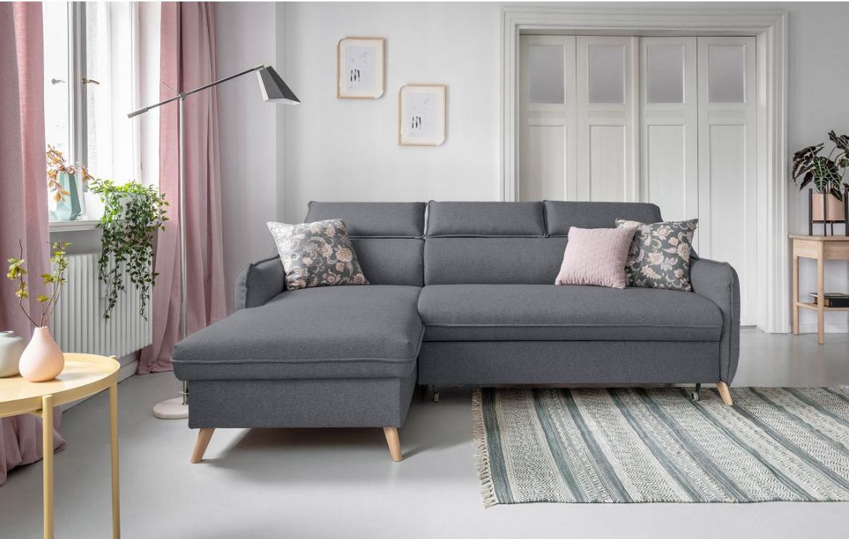 Rozkladacia sedačka Simone, ľavé prevedenie - sivá/prírodná farba, Modern, drevo/textil (228/82/95/162cm)