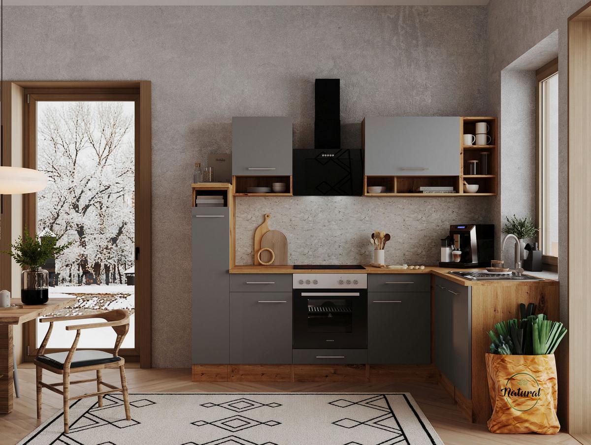 Eckküche mit Geräten 250 cm Grau/Wildeichefarben - Eichefarben/Grau, Basics, Holzwerkstoff (250/172cm) - Respekta